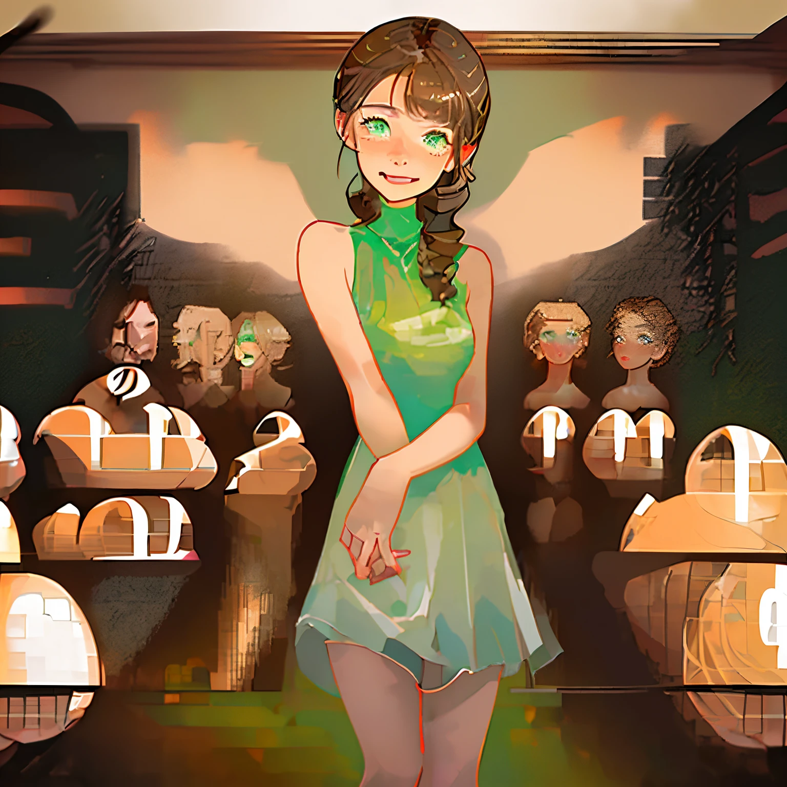 (masterpiece, best quality), best resolution, (2heads:1.5), 1girl, brown hair, low ponytail, different hairstyles, shoulder length hair, green eyes, smiling, mouth open, different facial expressions, mouth closed, black tank top, front of a wooden door, apartment