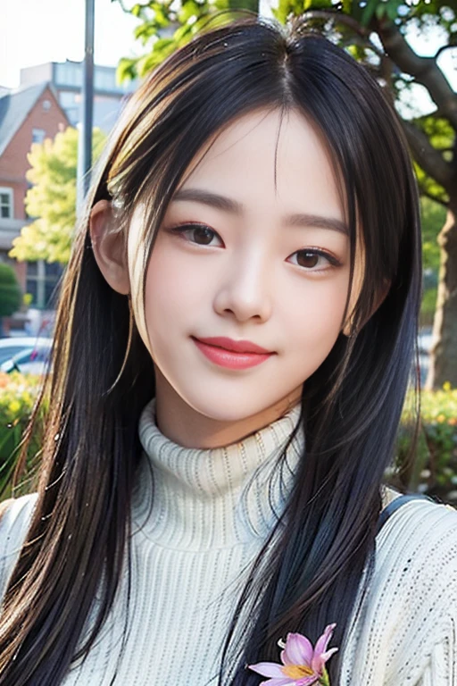 masterpiece,DSLR photo,analog style,nikon d5,real photo,a photo of a beautiful 20 year old woman,dramatic lighting (85mm),with Blooming garden in the background,(detailed facial features),(detailed shiny eyes),dynamic angle,Michelangelo style,long hair,turtleneck sweater,smiling face:1.4,