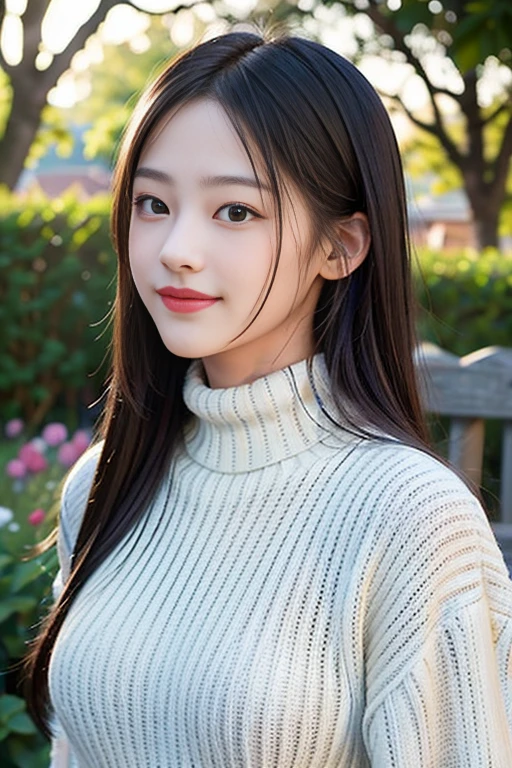 masterpiece,DSLR photo,analog style,nikon d5,real photo,a photo of a beautiful 20 year old woman,dramatic lighting (85mm),with Blooming garden in the background,(detailed facial features),(detailed shiny eyes),dynamic angle,Michelangelo style,long hair,turtleneck sweater,smiling face:1.4,