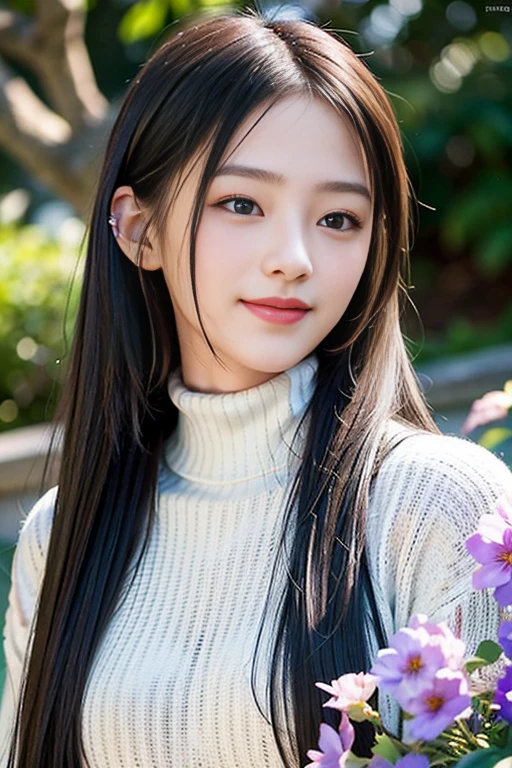 masterpiece,DSLR photo,analog style,nikon d5,real photo,a photo of a beautiful 20 year old woman,dramatic lighting (85mm),with Blooming garden in the background,(detailed facial features),(detailed shiny eyes),dynamic angle,Michelangelo style,long hair,turtleneck sweater,smiling face:1.4,