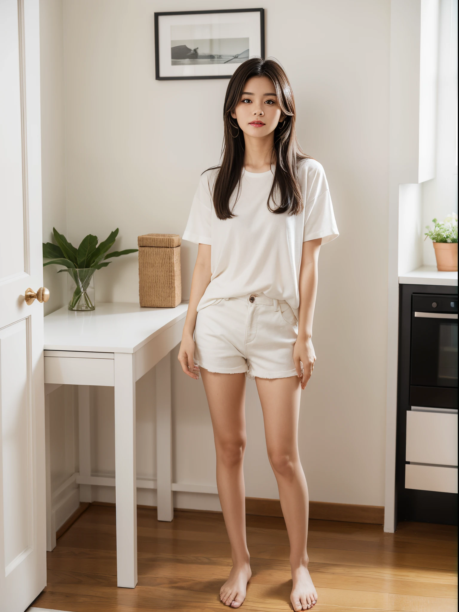 cute beautiful woman,standing in the house, With modern furniture,you can see the face, The face was beautiful and clear., Focus on face details,Beautiful, sharp face, Focus on face details,Stand with your whole body visible,Can see feet,Wear clothes at home, short-sleeved shirt, shorts.