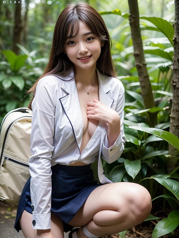 ((top-quality、in 8K、​masterpiece:1.3、Raw photo))、Super high quality photos, In the tropical jungle, ((Wearing business suit jacket and skirt)), ((Wear a white blouse shirt under the jacket)), ((Perfect beauty 20 year old idol Japan woman)), ((a smile)), ((nipples sticking out under the shirt,)), ((slim figure)), ((Slim legs)), ((slim thigh)), ((Perfect beauty 20 year old idol Japan woman)), (Photorealistic: 1.4), (Ultra-high detail), (hyper realisitic: 1.4), (Realistic: 1.3), (Smooth lighting: 1.05), Full body, 1girl in, Solo, (Japanese actressl),　20yr old, cinematlic lighting, ((slim figure)), ((Leaner figure)), Good anatomy, Correct anatomy, In the tropical jungle, ((Perfect beauty 20 year old idol Japan woman)), ((slim figure)), ((Slim legs)), ((slim thigh)), ,((Perfect beauty)), ((He has a small camping bag in one hand.)), ((squatting)), ((Panties are visible through the skirt)), ((a smile)),