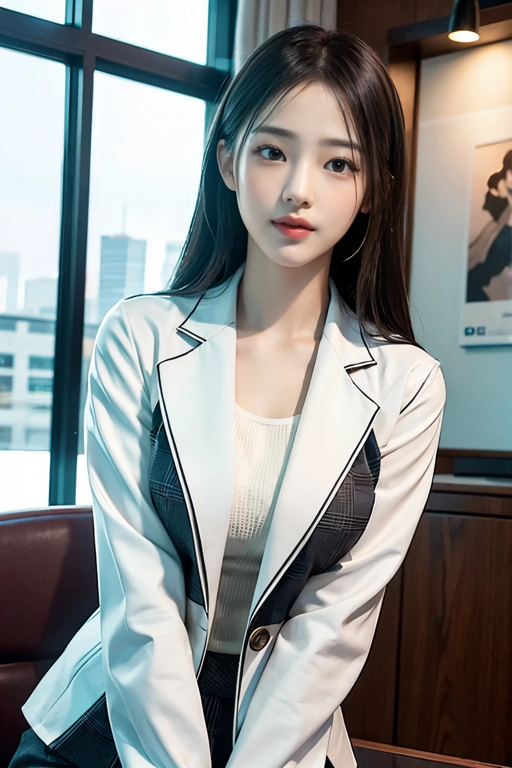 Nikon RAW photo,8 k,Fujifilm XT3,masterpiece, best quality, realistic, photorealistic, ultra detailed, 1girl, standing, closeup, windblown black hair, long hair, makeup, red lips, perfect skin, white skin, (office suit:1.1), ray tracing, plants, soft lighting, morning, sunray, ultra high res, best shadow, <lora:iuftw:0.75>