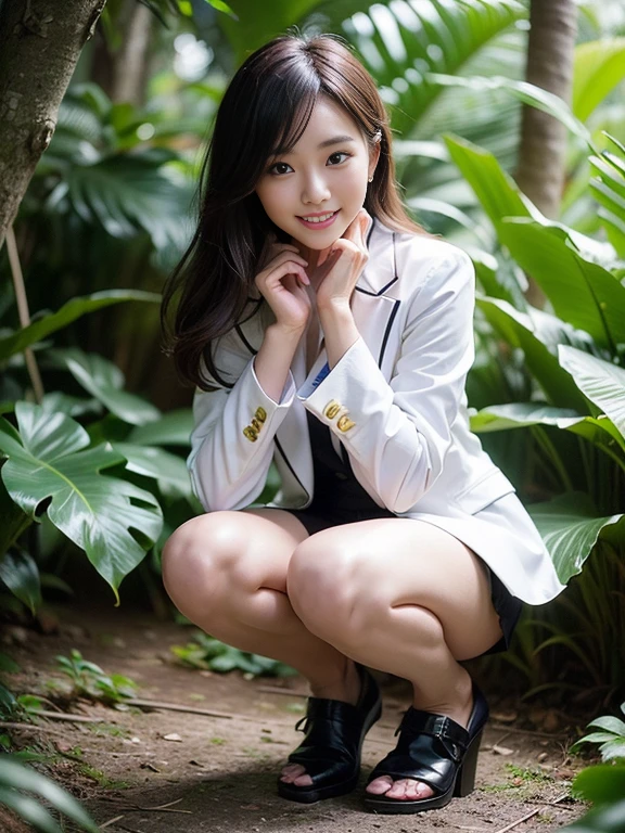 ((top-quality、in 8K、masterpiece:1.3、Raw photo))、Super high quality photos, In the tropical jungle, ((Wearing business suit jacket and skirt)), ((Wear a white blouse shirt under the jacket)), ((Perfect beauty 20 year old idol Japan woman)), ((a smile)), ((nipples sticking out under the shirt,)), ((slim figure)), ((Slim legs)), ((slim thigh)), ((Perfect beauty 20 year old idol Japan woman)), (Photorealistic: 1.4), (Ultra-high detail), (hyper realisitic: 1.4), (Realistic: 1.3), (Smooth lighting: 1.05), Full body, 1girl in, Solo, (Japanese actressl), 20yr old, cinematlic lighting, ((slim figure)), ((Leaner figure)), Good anatomy, Correct anatomy, In the tropical jungle, ((Perfect beauty 20 year old idol Japan woman)), ((slim figure)), ((Slim legs)), ((slim thigh)), ,((Perfect beauty)), ((He has a small camping bag in one hand.)), ((squatting)), ((Panties are visible through the skirt)), ((a smile)),