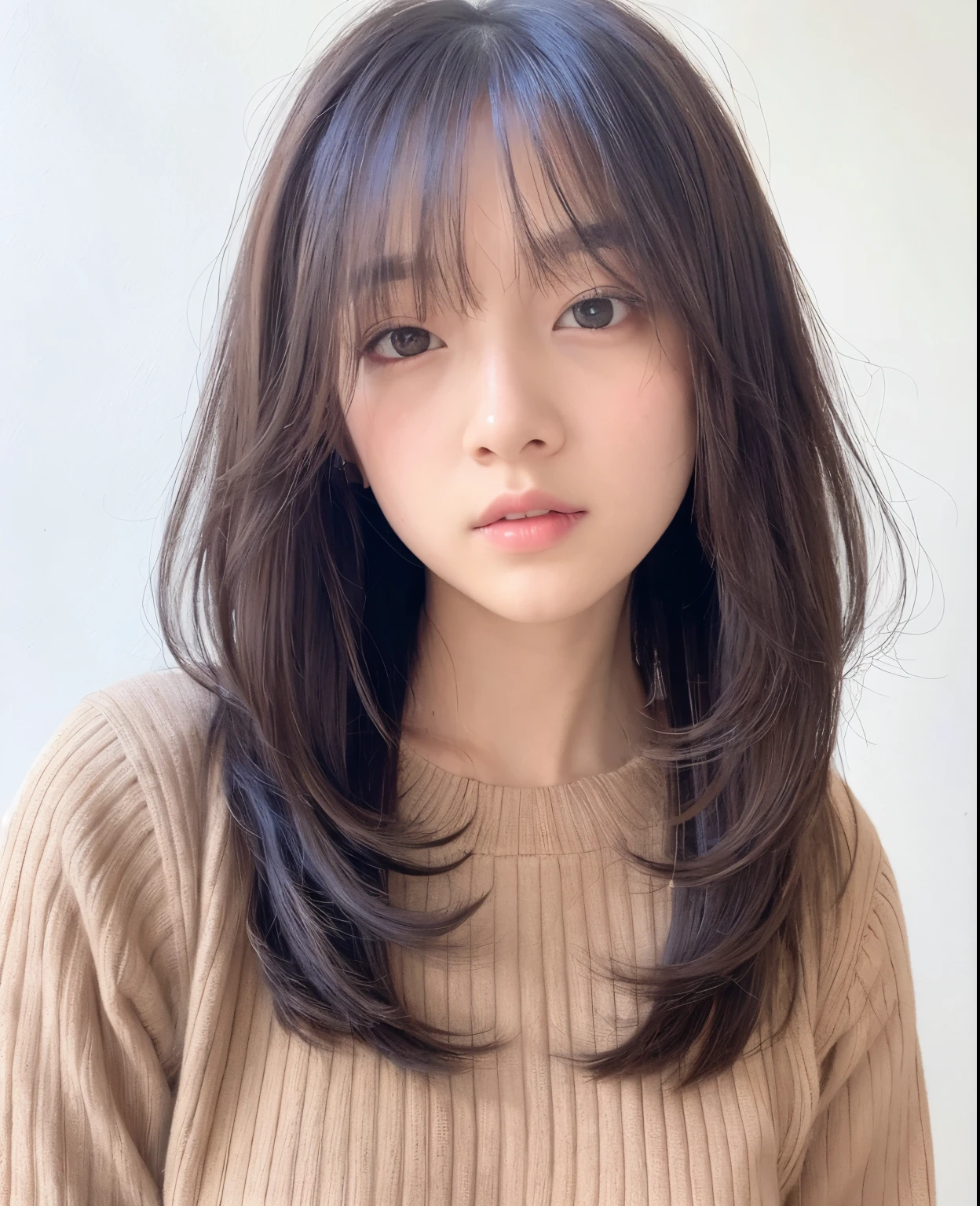 (top-quality、16K resolution)1人、独奏、natural soft light、small tits、A Japanese Lady、Looking at the camera、White long-sleeved knit、(Beauty Salon Background)、Facing the front、is standing、bobhair、Woman in her late teeight bangs、short-hair、Salon model、Natural look、portlate、floated hair、Rolled hair、A dark-haired (silver outer hair: 1.2)