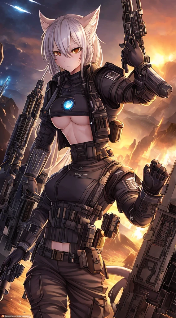 masterpiece, high quality, character concept art, (detailed face, detailed eyes, detailed body), ARKNIGHTS, sci-fi knights, anthro animals battle androids, (wearing sexy elegant future outfit uniform with straps and accessories, cargo pants, military vest), holding weapon, action pose, battle damage