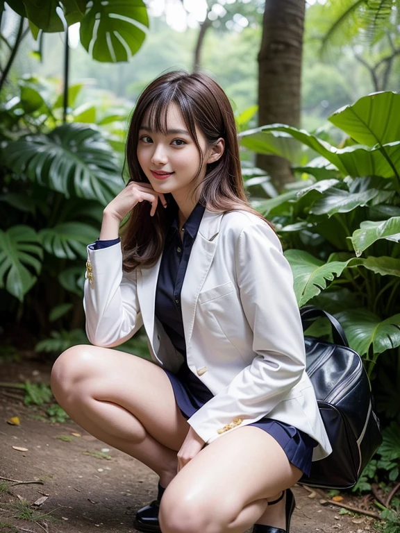 ((top-quality、in 8K、​masterpiece:1.3、Raw photo))、Super high quality photos, In the tropical jungle, ((Wearing business suit jacket and skirt)), ((Wear a white blouse shirt under the jacket)), ((Perfect beauty 20 year old idol Japan woman)), ((a smile)), (( sticking out under the shirt,)), ((slim figure)), ((Slim legs)), ((slim thigh)), ((Perfect beauty 20 year old idol Japan woman)), (Photorealistic: 1.4), (Ultra-high detail), (hyper realisitic: 1.4), (Realistic: 1.3), (Smooth lighting: 1.05), Full body, 1girl in, Solo, (Japanese actressl),　20yr old, cinematlic lighting, ((slim figure)), ((Leaner figure)), Good , Correct , In the tropical jungle, ((Perfect beauty 20 year old idol Japan woman)), ((slim figure)), ((Slim legs)), ((slim thigh)), ,((Perfect beauty)), ((He has a small camping bag in one hand.)), ((squatting)), ((Panties are visible through the skirt)), ((a smile)),