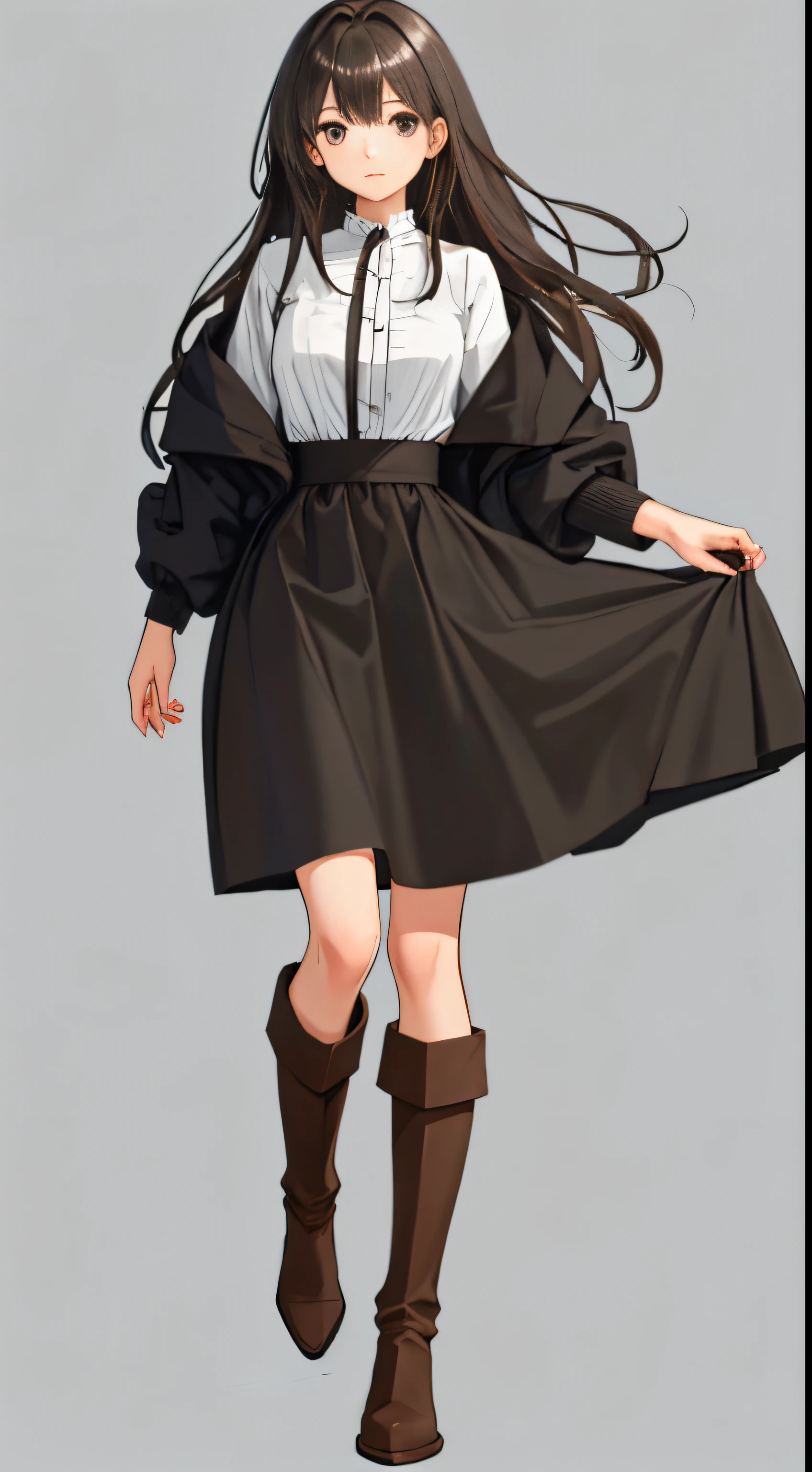 (1girl in), Adult, (interview), (Simple background),Beautiful eyes,Gray eyes Delicate beautiful face,A dark-haired,Longhaire, fluffy hair, Gray background,From head to foot,Plain clothe,Stylish,Calm,is standing,long  skirt,Brown skirt、long boots