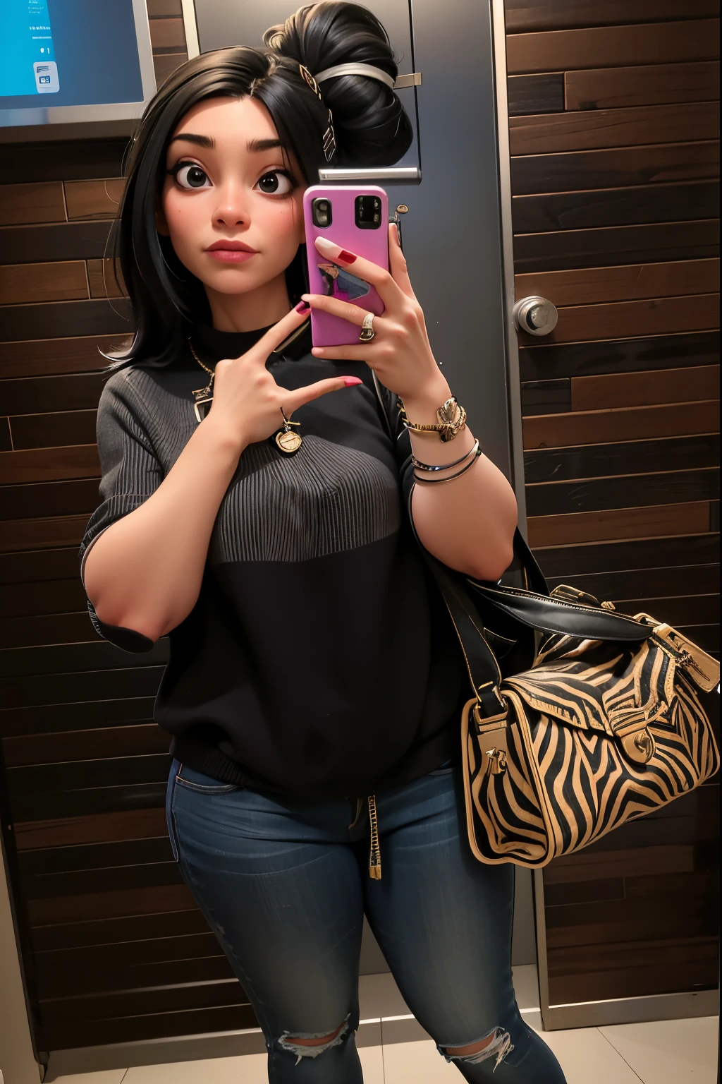 woman taking a selfie in a public restroom with a zebra bag, mirror selfie, selfie of a young woman, photo from the back, mall goth, iphone selfie, 30 years old woman, 3 0 years old woman, selfie photo, at a mall, outfit photo, flattering photo, in a mall, with black hair, wearing a dark shirt and jeans