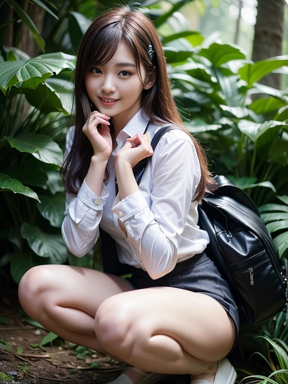 ((top-quality、in 8K、masterpiece:1.3、Raw photo))、Super high quality photos, In the tropical jungle, ((Wearing business suit jacket and skirt)), ((Wear a white blouse shirt under the jacket)), ((Perfect beauty 20 year old idol Japan woman)), ((a smile)), ((nipples sticking out under the shirt,)), ((slim figure)), ((Slim legs)), ((slim thigh)), ((Perfect beauty 20 year old idol Japan woman)), (Photorealistic: 1.4), (Ultra-high detail), (hyper realisitic: 1.4), (Realistic: 1.3), (Smooth lighting: 1.05), Full body, 1girl in, Solo, (Japanese actressl), 20yr old, cinematlic lighting, ((slim figure)), ((Leaner figure)), Good anatomy, Correct anatomy, In the tropical jungle, ((Perfect beauty 20 year old idol Japan woman)), ((slim figure)), ((Slim legs)), ((slim thigh)), ,((Perfect beauty)), ((He has a small camping bag in one hand.)), ((squatting)), ((Panties are visible through the skirt)), ((a smile)),