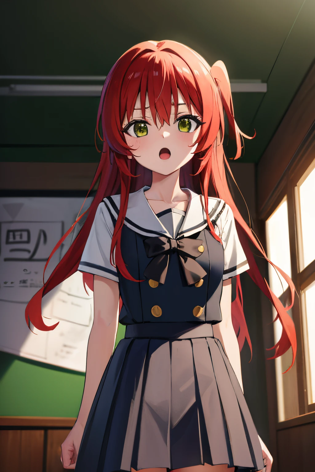 kitaikuyo, ikuyo kita, (green eyes:1.5), hair between eyes, long hair, one side up, red hair, (flat chest:1.2),
BREAK black footwear, black skirt, grey sailor collar, pleated skirt, sailor collar, school uniform, shoes, short sleeves, shuka high school uniform, skirt,,
BREAK looking at viewer,
BREAK indoors, classroom,
BREAK (masterpiece:1.2), best quality, high resolution, unity 8k wallpaper, (illustration:0.8), (beautiful detailed eyes:1.6), extremely detailed face, perfect lighting, extremely detailed CG, (perfect hands, perfect anatomy),up chest.big breasts.Sad face.open mouth.
