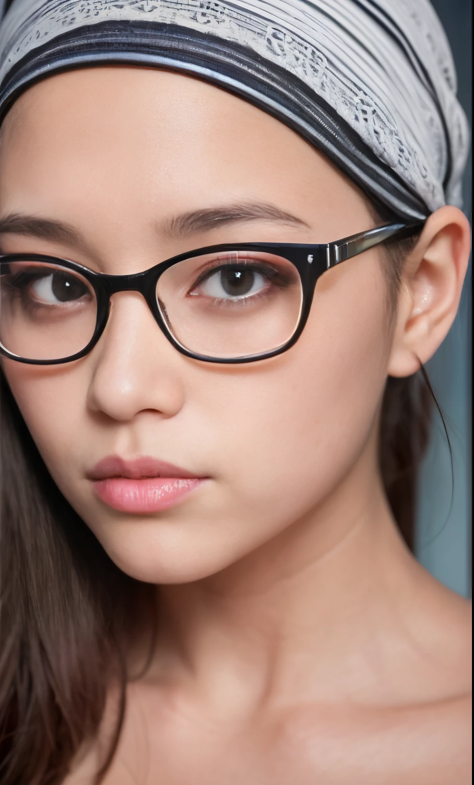naked, shaved pussy, (8k, 4k, best quality, highres, ultra high res:1.1), (masterpiece, realistic, photo-realistic:1.1), 1girl,  face, colorful glasses hijabi, red lips,((engorged veiny breast)), (big cleavage), (big cuvy hips), (narrow waist )  (looking at viewer:2), long eyelashes, eyeshadow,  small face, big eyes,bare shoulders, high contrast,ultra-high-definition, outstanding details, 8K, Blush face, attractive collarbone, sexy shoulders, blushing cheeks, nikon z9, 30mm lens, sharp focused face, f/4, iso 200, shutter 1/250, beauty light, medium shot, raw ,intricately detailed, award winning photograph, good contrast, high sharpness, facial symmetry, bokeh, ultra-detailed