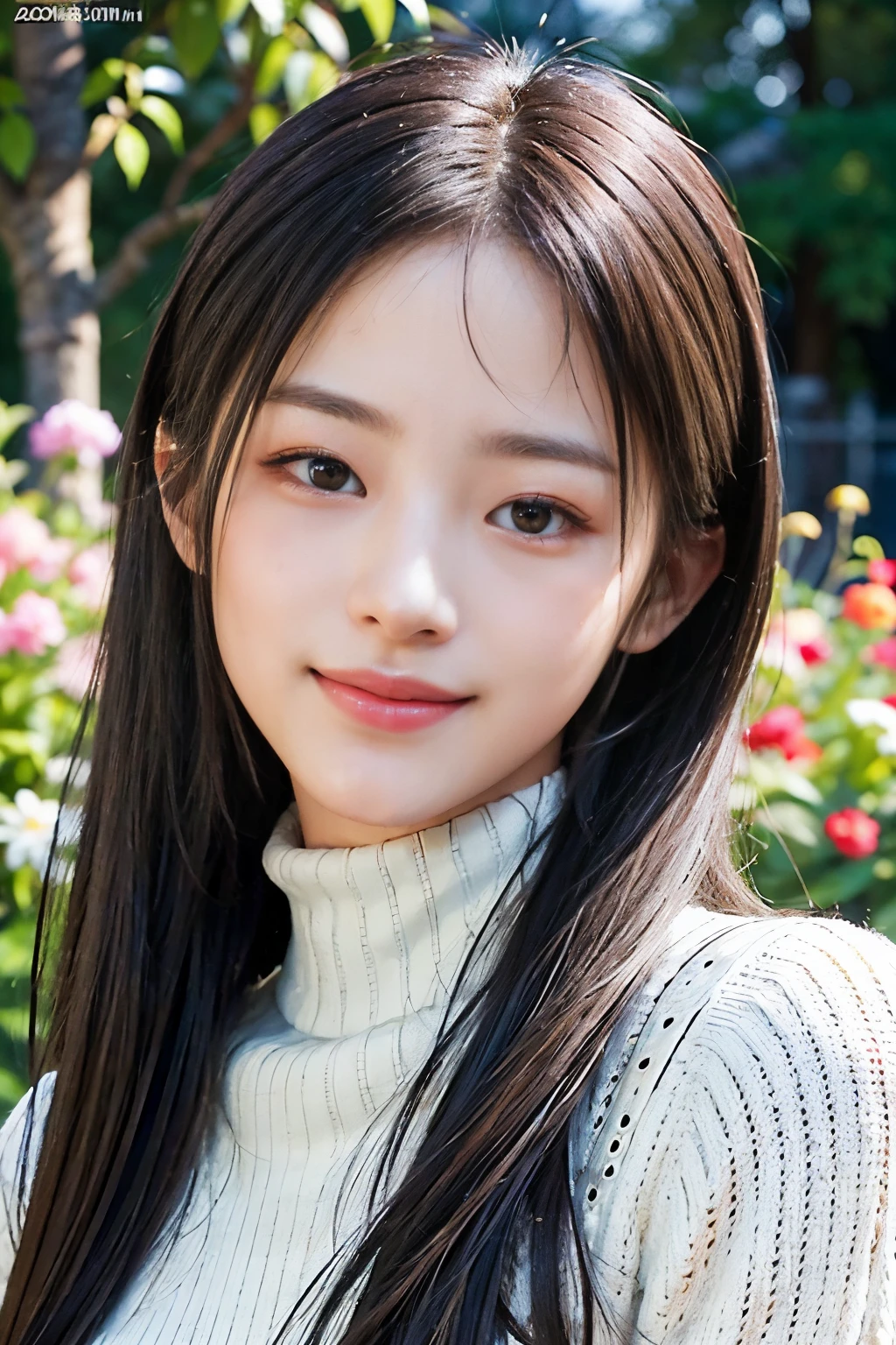 masterpiece,DSLR photo,analog style,nikon d5,real photo,a photo of a beautiful 20 year old woman,dramatic lighting (85mm),with Blooming garden in the background,(detailed facial features),(detailed shiny eyes),dynamic angle,Michelangelo style,long hair,turtleneck sweater,smiling face:1.4,