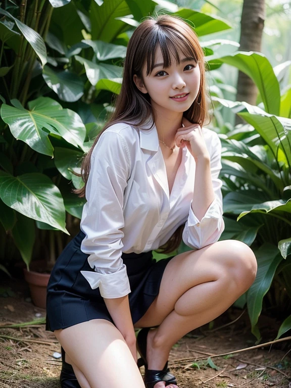 ((top-quality、in 8K、masterpiece:1.3、Raw photo))、Super high quality photos, In the tropical jungle, ((Wearing business suit jacket and skirt)), ((Wear a white blouse shirt under the jacket)), ((Perfect beauty 20 year old idol Japan woman)), ((a smile)), ((nipples sticking out under the shirt,)), ((slim figure)), ((Slim legs)), ((slim thigh)), ((Perfect beauty 20 year old idol Japan woman)), (Photorealistic: 1.4), (Ultra-high detail), (hyper realisitic: 1.4), (Realistic: 1.3), (Smooth lighting: 1.05), Full body, 1girl in, Solo, (Japanese actressl), 20yr old, cinematlic lighting, ((slim figure)), ((Leaner figure)), Good anatomy, Correct anatomy, In the tropical jungle, ((Perfect beauty 20 year old idol Japan woman)), ((slim figure)), ((Slim legs)), ((slim thigh)), ,((Perfect beauty)), ((He has a small camping bag in one hand.)), ((squatting)), ((Panties are visible through the skirt)), ((a smile)), ((camel's toe)),
