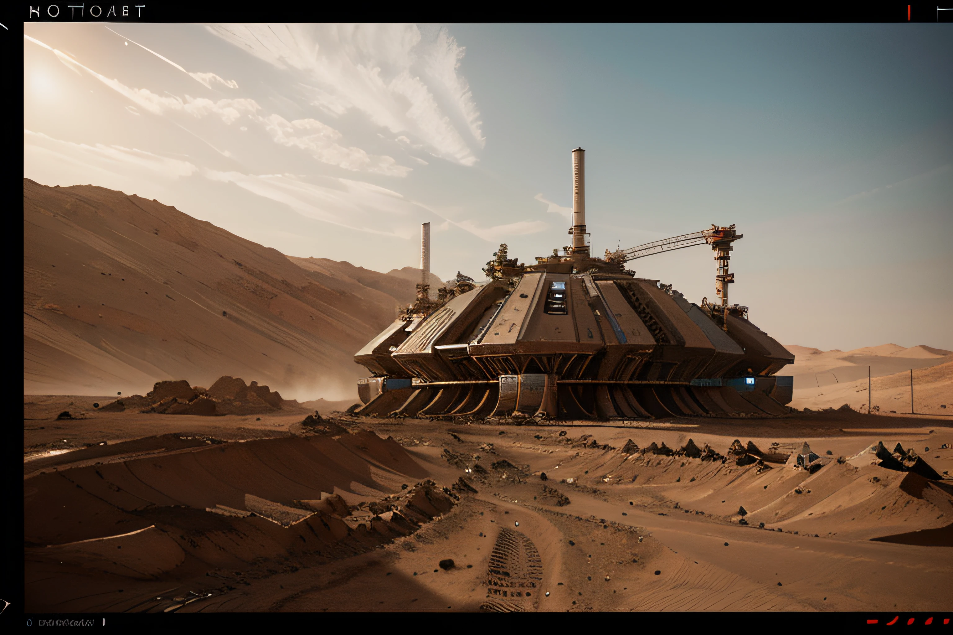 On Mars, machines build foundations, bright picture, different machines, futuristic, photography master, details of factory machines, ultra-wide angle, high realism, light and dark