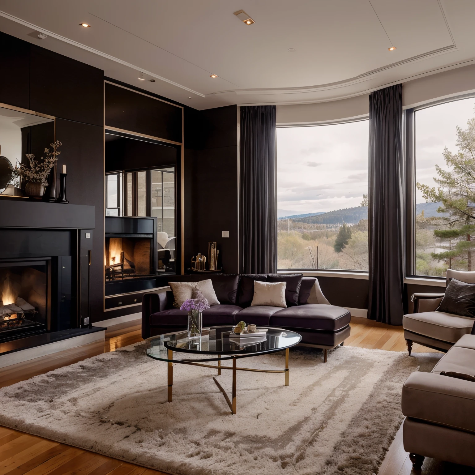 Modern Canadian Chic with Amethyst Accents
Interior: The living spaces exude modern Canadian chic, featuring dark furnishings, large windows, and a fireplace with a dark stone surround. Amethyst stones are embedded in the design, serving as natural art pieces. The furniture is comfortable and luxurious, creating a welcoming atmosphere. The view angle captures the chic and cozy ambiance of the contemporary living spaces.
