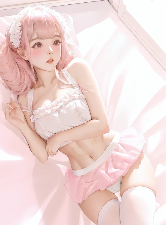 There is a girl in white panties on the bed, white and pink cloth, Wearing a pink romantic tutu, Anime Barbie wearing white stockings, pale milky white porcelain skin, Wearing a pink tutu, pink tight mini-skirt, Wearing a pink romantic tutu, smooth pink skin, Soft pink, cute panties, soft woman, White and pink, covered in pink flesh