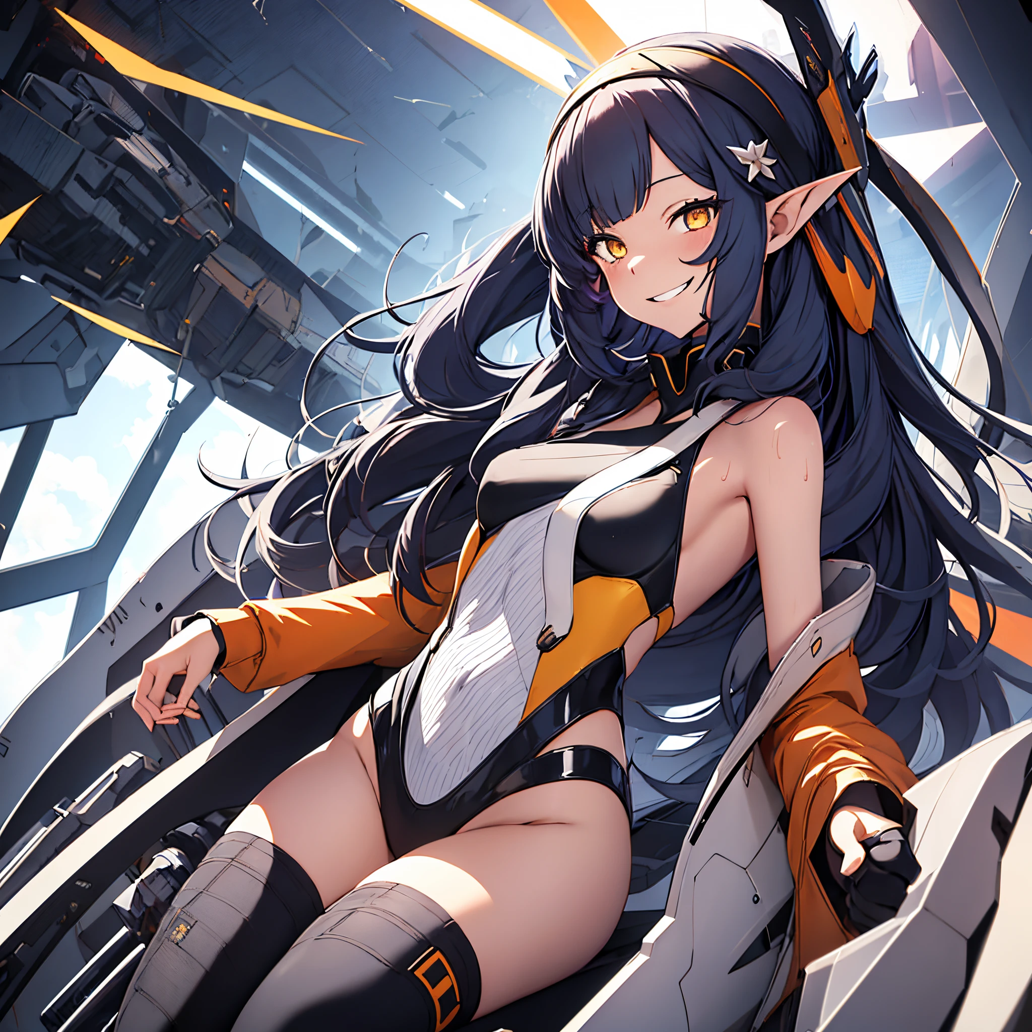 1 girl, solo, Himari, full picture, young woman, small breasts, black hair with blue tips, long hair, long pointy ears, yellow eyes, hairband, cute bird hair accessory, mecha_girl, cyber_eyes, grin, crazy smile, wide open eyes, orange and black combat bodysuit