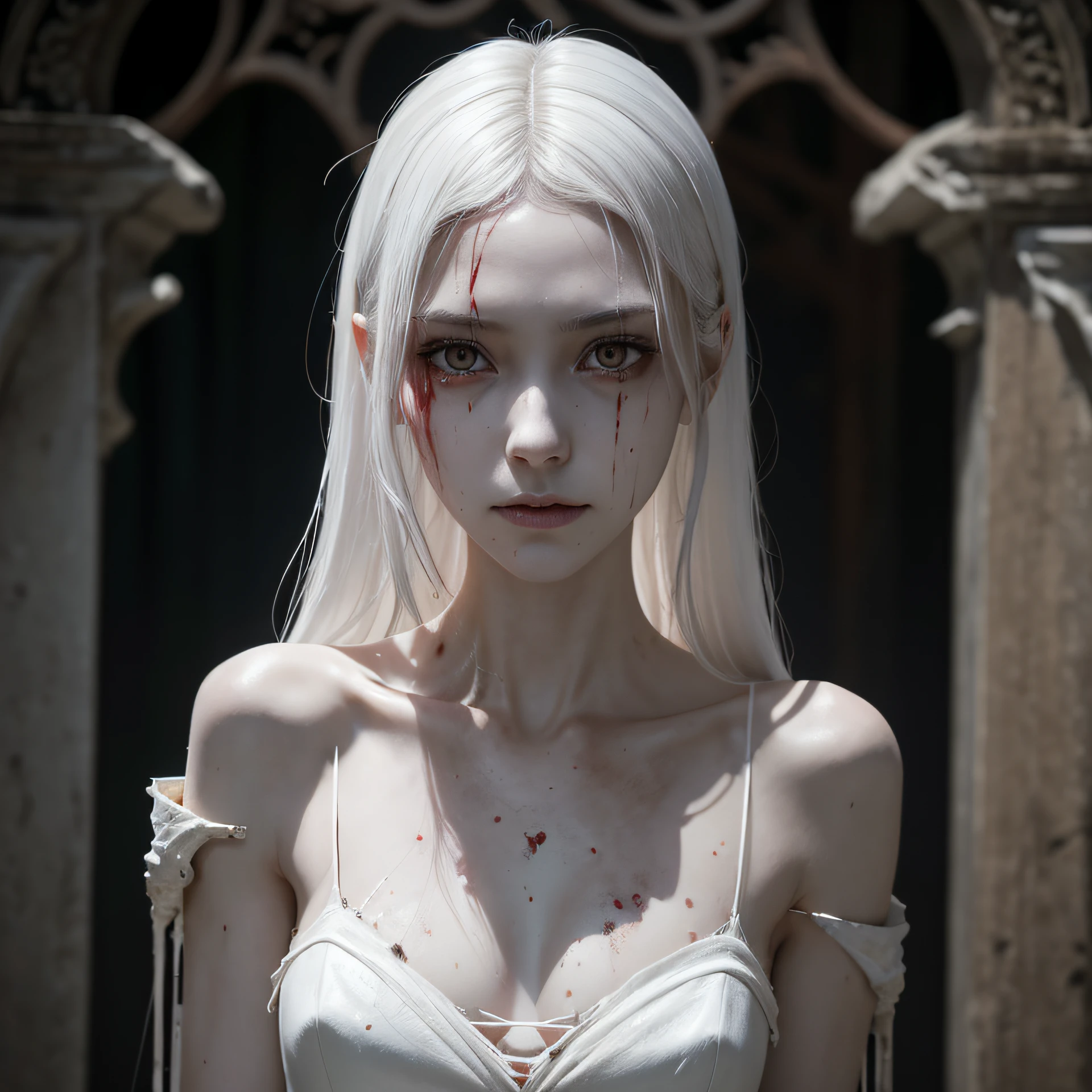 corpse, sinister, female, thin, pale, looking at the camera, ultra realistic, fully detailed, cemetery environment, bright eyes, white dress torn and stained with blood, bones exposed, putrid wounds, sensual, terrifying, bruised by the body, exposed fracture in the collarbone, slight smile, super detailed