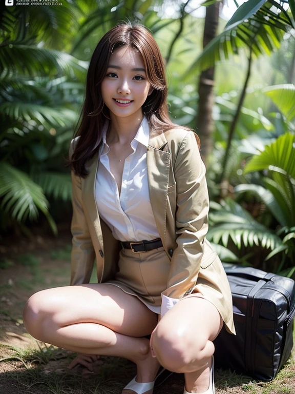 ((top-quality、in 8K、​masterpiece:1.3、Raw photo))、Super high quality photos, In the tropical jungle, ((Wearing business suit jacket and skirt)), ((Wear a white blouse shirt under the jacket)), ((Perfect beauty 20 year old idol Japan woman)), ((a smile)), ((nipples sticking out under the shirt,)), ((slim figure)), ((Slim legs)), ((slim thigh)), ((Perfect beauty 20 year old idol Japan woman)), (Photorealistic: 1.4), (Ultra-high detail), (hyper realisitic: 1.4), (Realistic: 1.3), (Smooth lighting: 1.05), Full body, 1girl in, Solo, (Japanese actressl),　20yr old, cinematlic lighting, ((slim figure)), ((Leaner figure)), Good anatomy, Correct anatomy, In the tropical jungle, ((Perfect beauty 20 year old idol Japan woman)), ((slim figure)), ((Slim legs)), ((slim thigh)), ,((Perfect beauty)), ((He has a small camping bag in one hand.)), ((squatting)), ((Panties are visible through the skirt)), ((a smile)), ((camel's toe)),