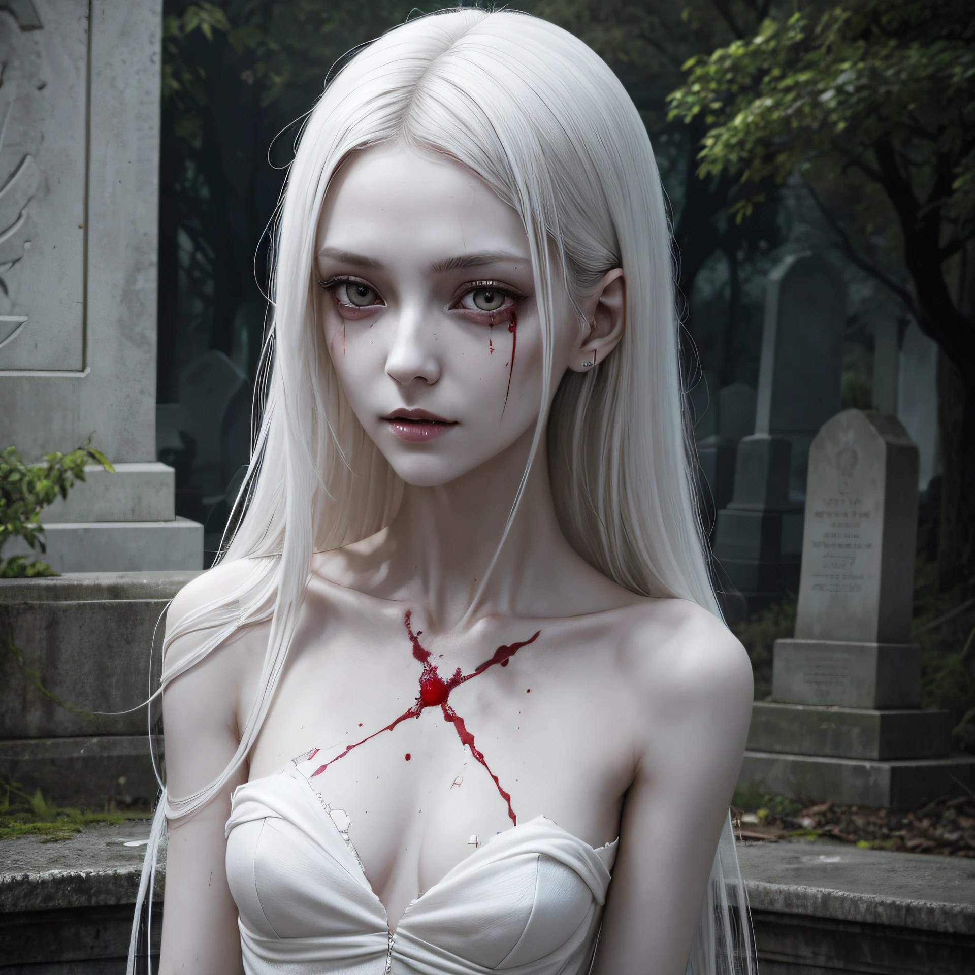 corpse, sinister, female, thin, pale, looking at the camera, ultra realistic, fully detailed, cemetery environment, bright eyes, white dress torn and stained with blood, bones exposed, putrid wounds, sensual, terrifying, bruised by the body, exposed fracture in the collarbone, slight smile, super detailed