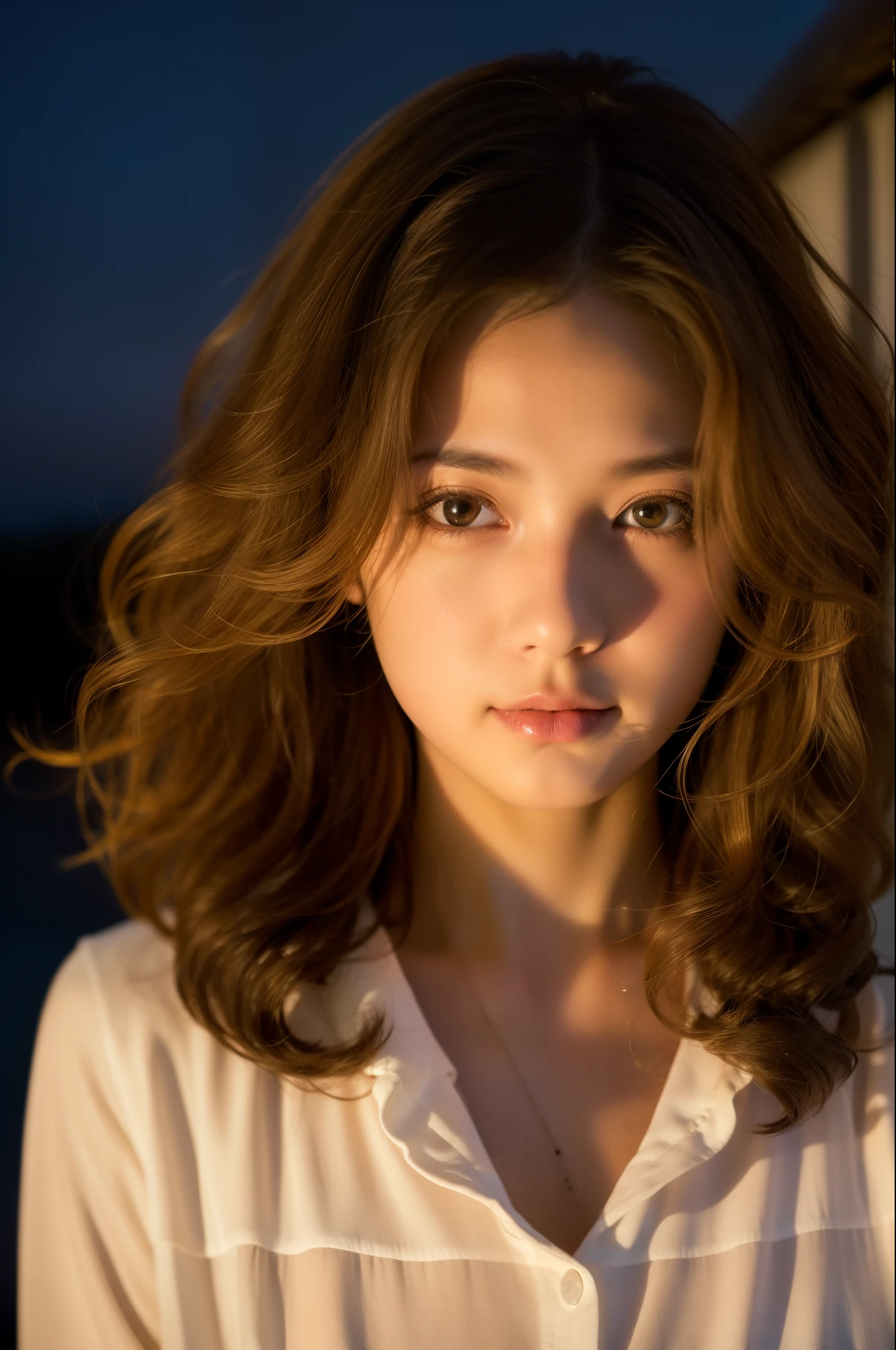 1girl in,Curly hair,Light brown hair、In the Dark