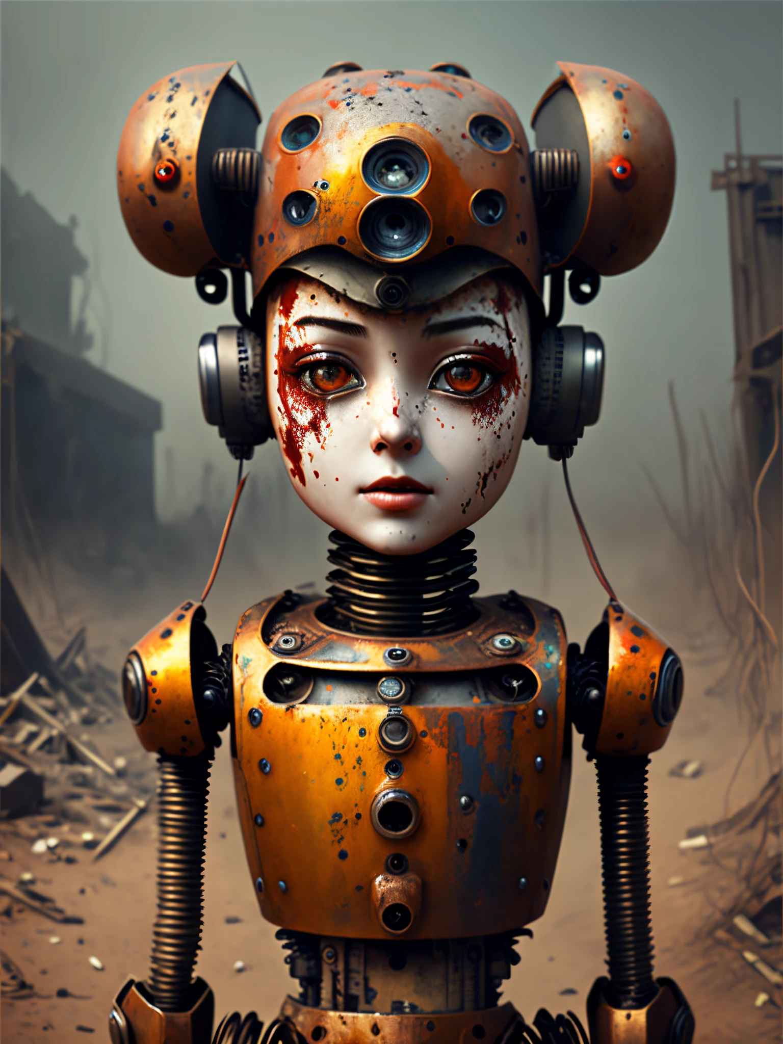 female robot with beautiful face The body is decayed and rusted.
