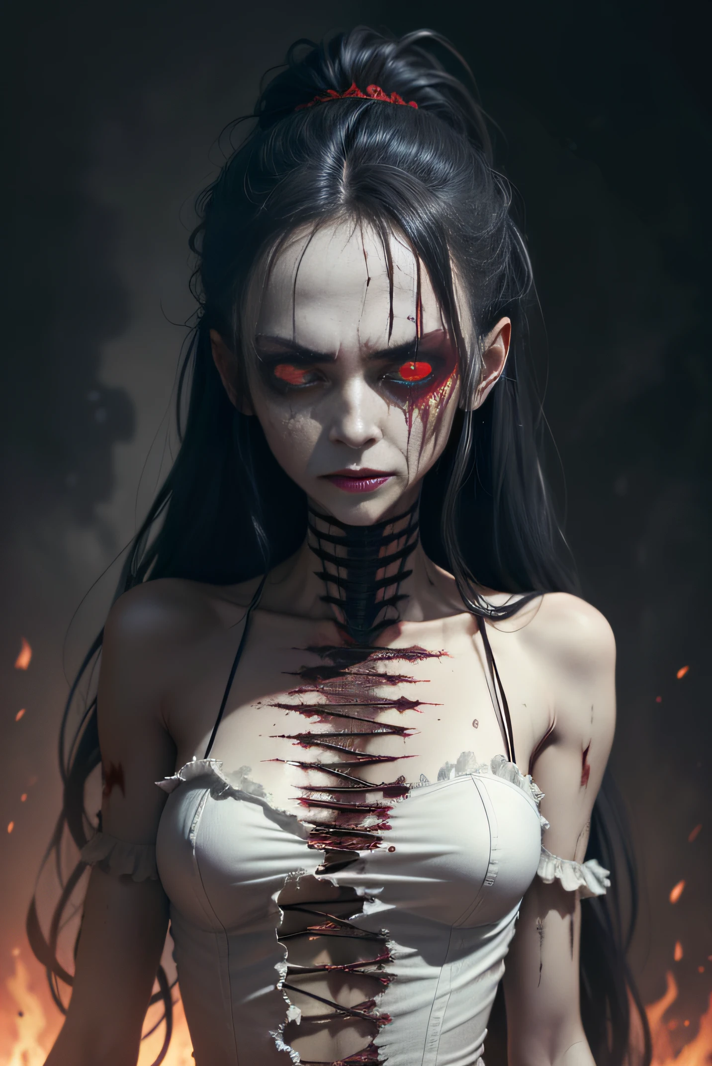 A very pal humanoid character, with red eyes, her name is (The Englewood Witch), she is crazy, nuts, horror, she is creepy, she is scary, shock value, very evil, she is skinny, evoke, fear, terror, dread, decay, disgust, she is a Psycho, dark, unusually thin, thin, scraggly, emaciated, twisted, frightening, sick, dark background, long white_dress, gore, bloody_hands, solo, close up, (messy_long_dark_hair), fog, evil eyes, eyes glowing, fire in the background, (she is wearing a very dirty old torn_white_dress), covered in slugs