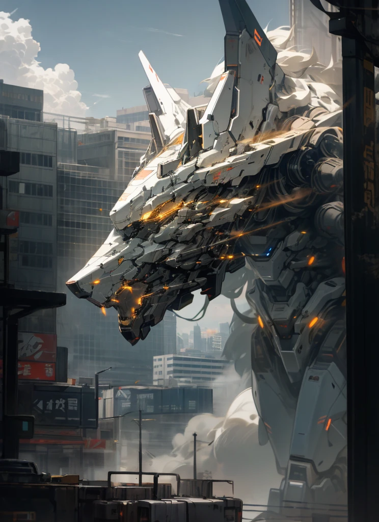sky, cloud, holding_weapon, no_humans, glowing, , Wolf robot, building, glowing_eyes, mecha, science_fiction, city, realistic,mecha wolf