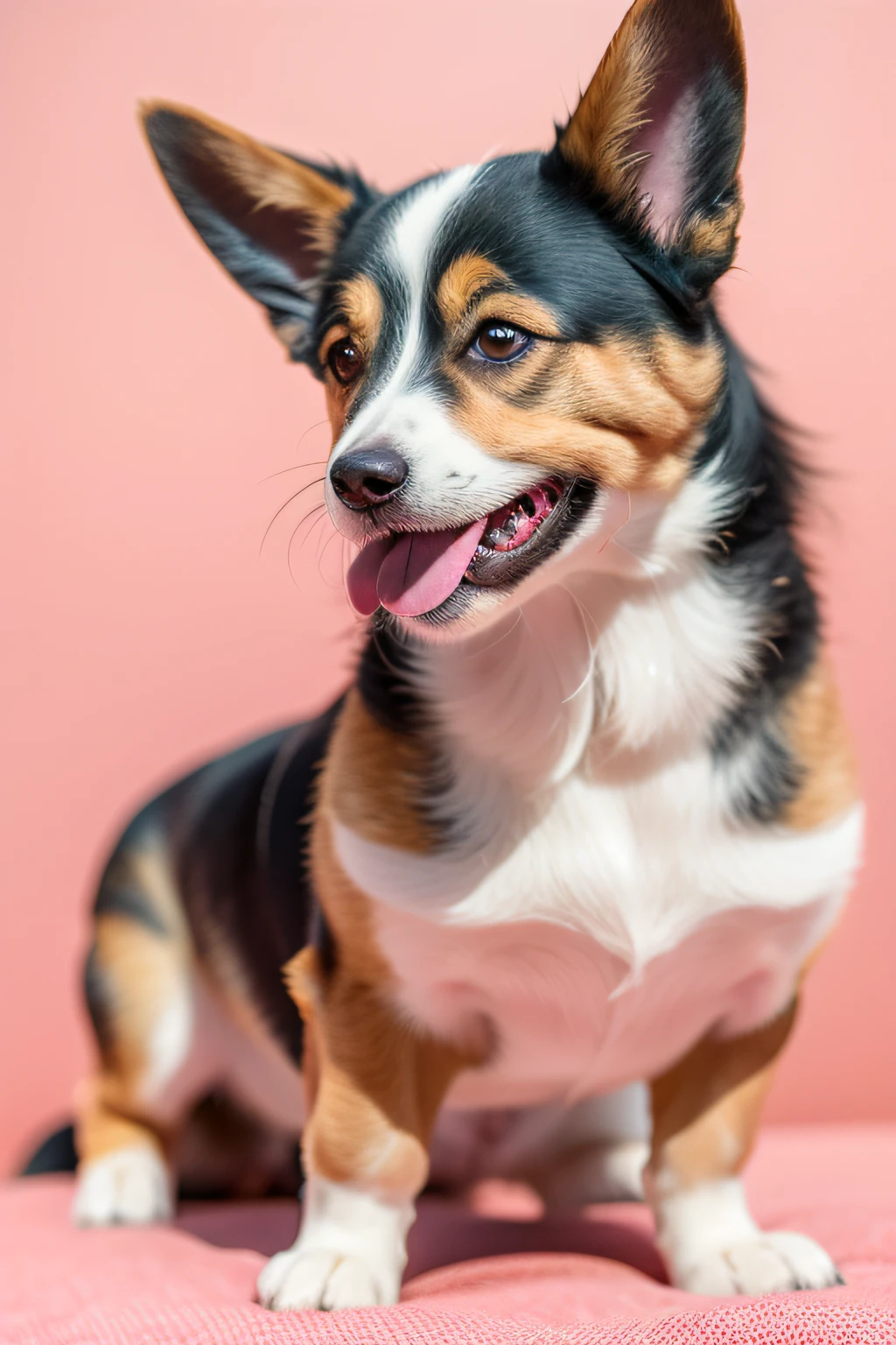 there is a dog that is looking up at the camera, cute corgi, corgi, zoomed, closeup cleavage!!, corgi cosmonaut, Close-up portrait shoot, full cheeks, corgi with [ the angel's wings ]!!, happy dog, Smiling happily into the camera, Enchanted expression, With a happy expression, a full body picture