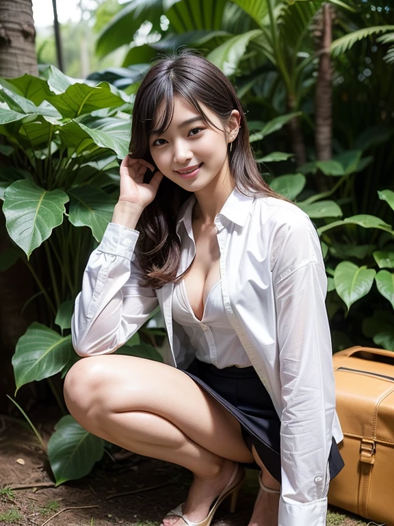 ((top-quality、in 8K、​masterpiece:1.3、Raw photo))、Super high quality photos, In the tropical jungle, ((Wearing business suit jacket and skirt)), ((Wear a white blouse shirt under the jacket)), ((Perfect beauty 20 year old idol Japan woman)), ((a smile)), ((nipples sticking out under the shirt,)), ((slim figure)), ((Slim legs)), ((slim thigh)), ((Perfect beauty 20 year old idol Japan woman)), (Photorealistic: 1.4), (Ultra-high detail), (hyper realisitic: 1.4), (Realistic: 1.3), (Smooth lighting: 1.05), Full body, 1girl in, Solo, (Japanese actressl),　20yr old, cinematlic lighting, ((slim figure)), ((Leaner figure)), Good anatomy, Correct anatomy, In the tropical jungle, ((Perfect beauty 20 year old idol Japan woman)), ((slim figure)), ((Slim legs)), ((slim thigh)), ,((Perfect beauty)), ((He has a small camping bag in one hand.)), ((squatting)), ((Panties are visible through the skirt)), ((a smile)), ((camel's toe)),