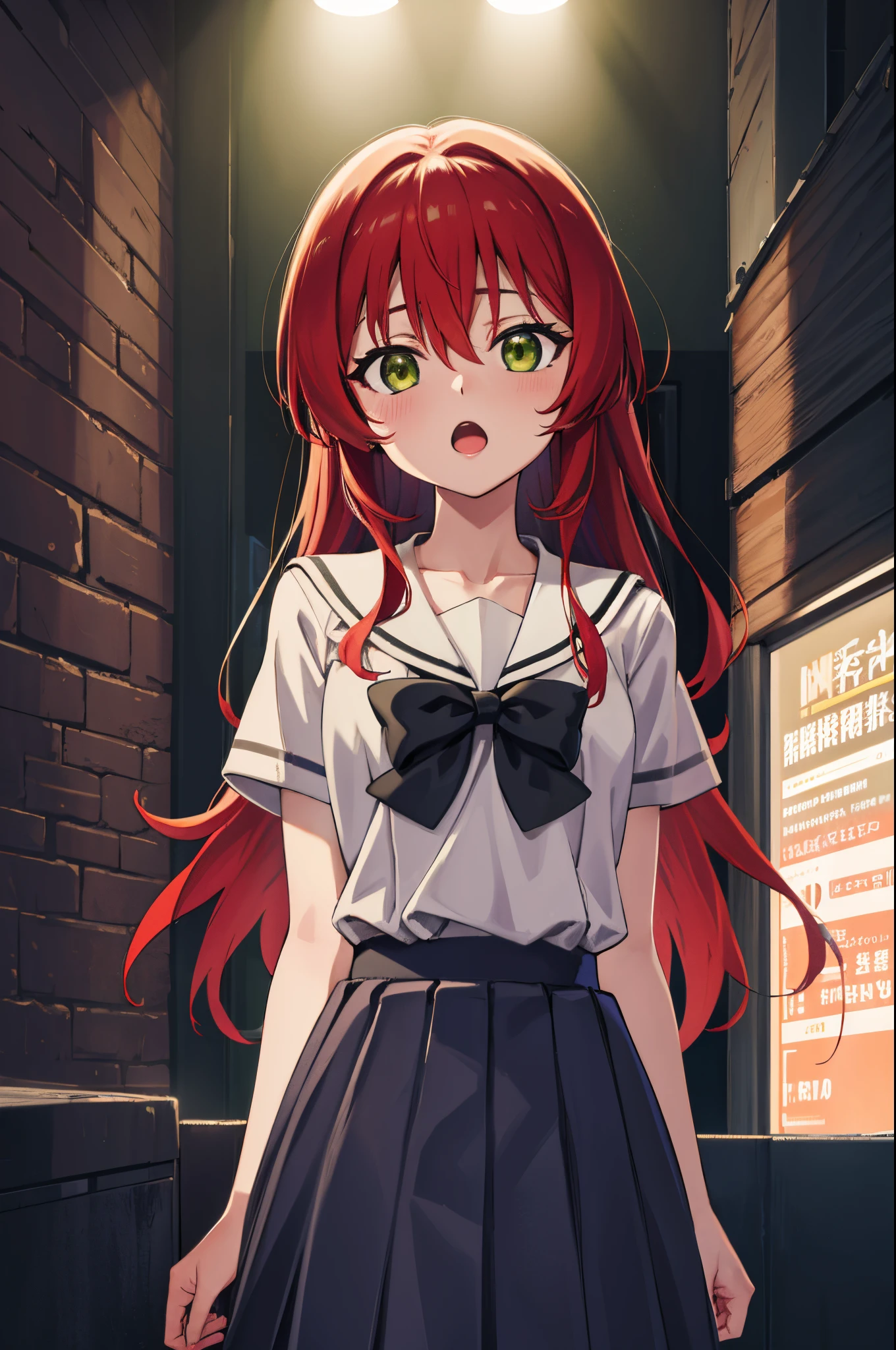 kitaikuyo, ikuyo kita, (green eyes:1.5), hair between eyes, long hair, one side up, red hair, (flat chest:1.2),
BREAK black footwear, black skirt, grey sailor collar, pleated skirt, sailor collar, school uniform, shoes, short sleeves, shuka high school uniform, skirt,,
BREAK looking at viewer,
BREAK indoors, classroom,
BREAK (masterpiece:1.2), best quality, high resolution, unity 8k wallpaper, (illustration:0.8), (beautiful detailed eyes:1.6), extremely detailed face, perfect lighting, extremely detailed CG, (perfect hands, perfect anatomy),up chest.big breasts.Sad face.open mouth.