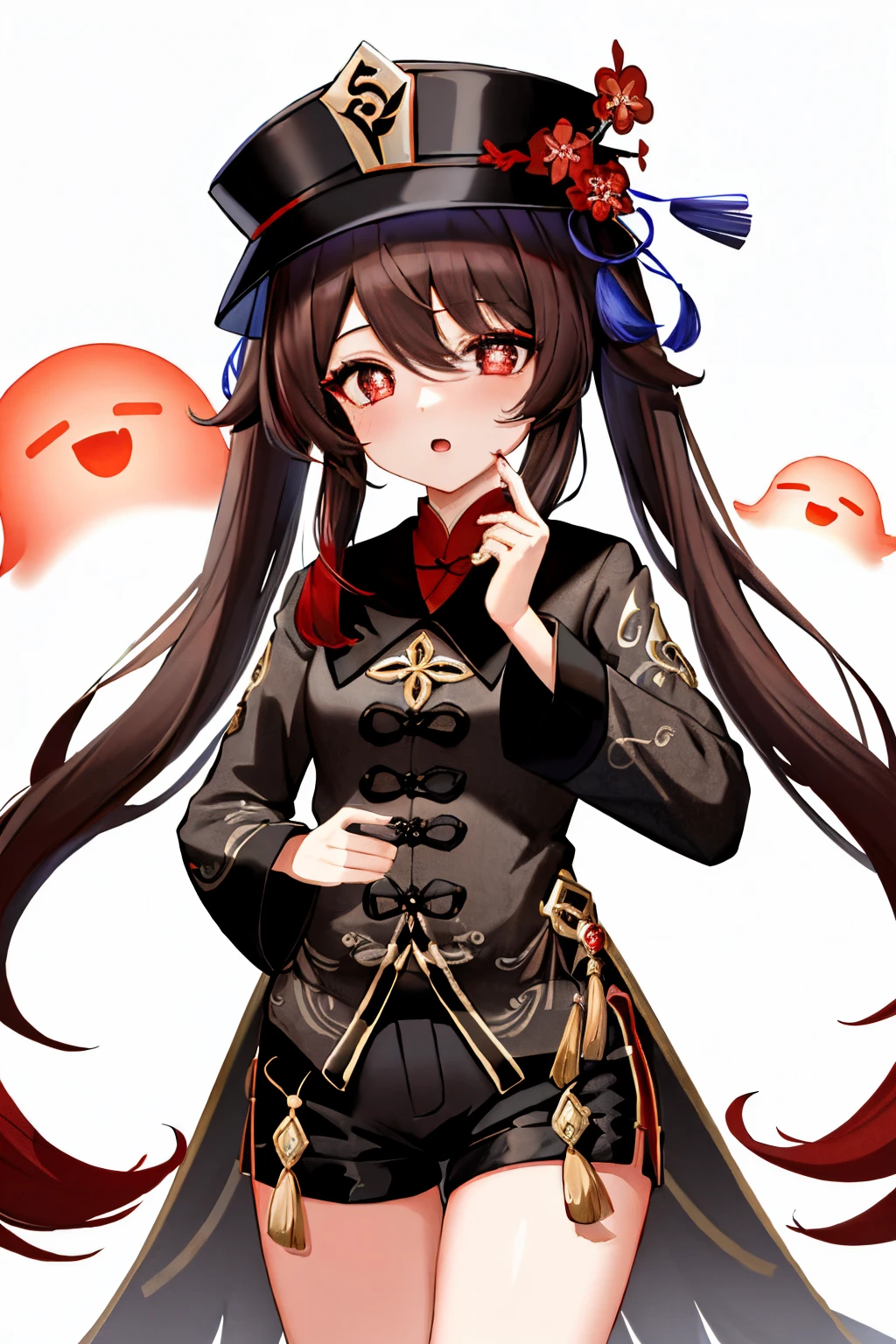 masterpiece, best quality,
1girl, hu tao (genshin impact), boo tao,hat, red eyes, twintails, brown hair, solo, symbol-shaped pupils, long hair,bangs, black shorts , chinese clothes,