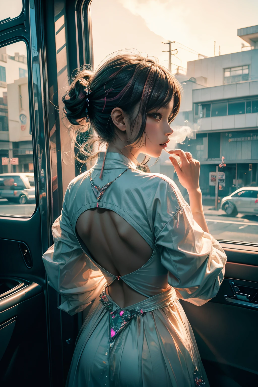 Dream wave, Harajuku_my, Android, smokes, Aesthetic, eddy, 2d_Harajuku, Beutiful women, Elegant, flat art, (Tangled:0.5), Colorful, crystal, (sexy for:1.3), ventania, firestorm, The light from the back window is backlighted,