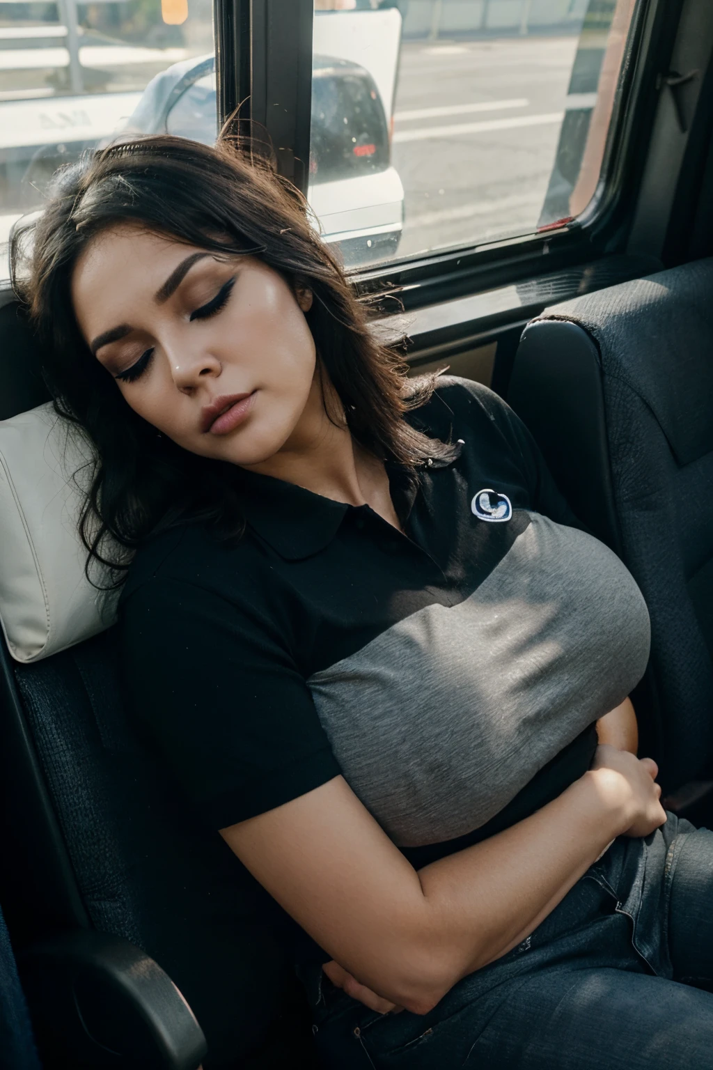 1 beautiful woman, 50-year-old lady, sleeping with her mouth open, eyes closed, black hair, sleeping sitting on the bus, jeans, black polo shirt, big breasts, outlined eyes, drooling, snoring, passed out, black bag, head on the bus window, sitting by the window, ((VERY INTENSE MAKEUP)), voluptuous woman