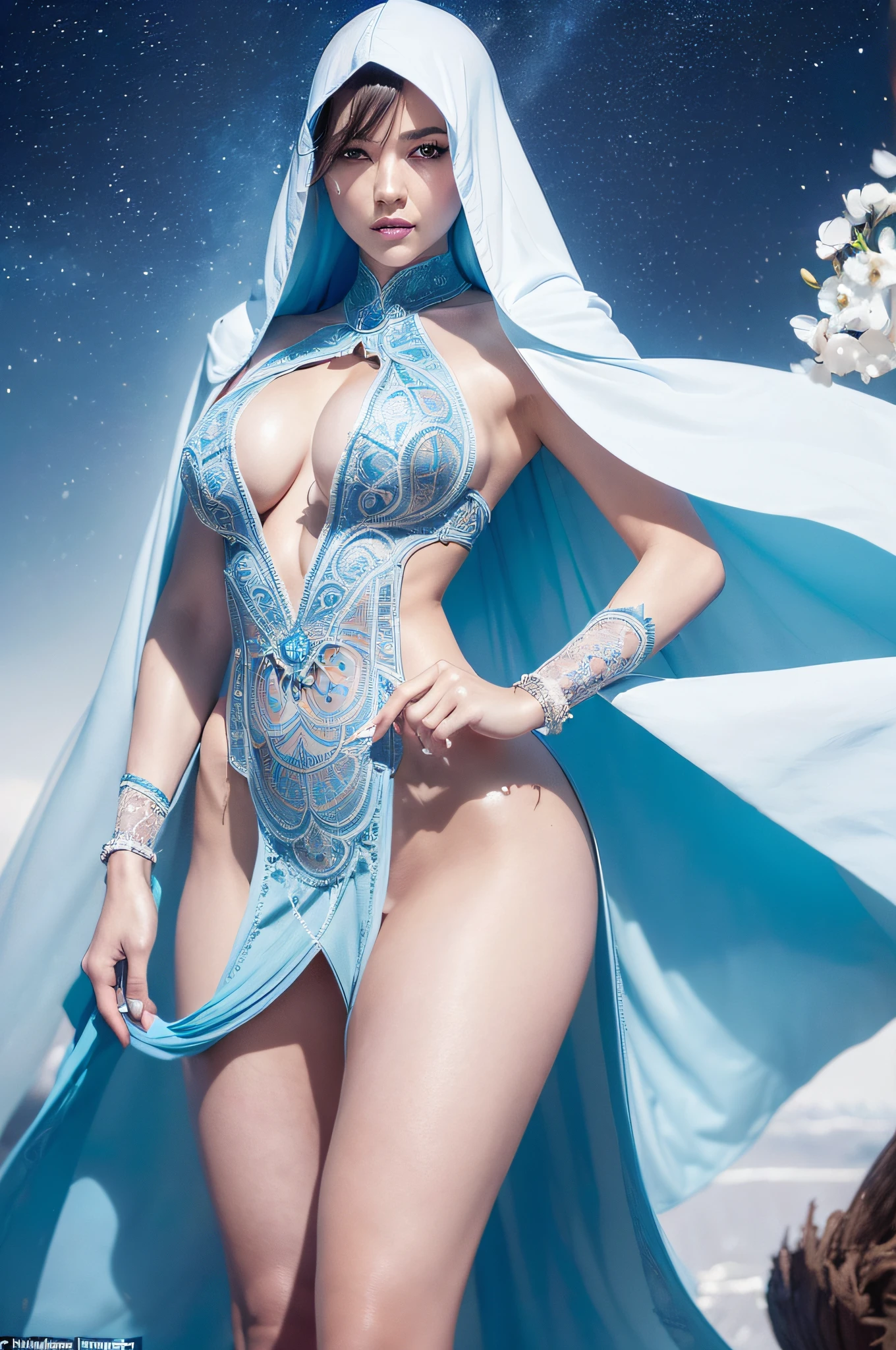 ((professional: step by step, final result god level)): "((full body, cowboy shot)), slim build, full body, (only 1 woman), perfect body, cute Young Human woman who has blue Falcon feathers instead of hair, which cover her head and part of her perfect body, These feathers are an important distinctive of her appearance ((she wears a very short 10% white dress below the hips showing thighs which gives her an ethereal and magical appearance)). She also wears a cape with hood made with feathers instead of fabric. She has facial makeup that highlights her eyes, symmetrical face, bare thighs and hips, ((((all whit intricate details)))), very sexy, blue eyes, blue thong, bare crotch, slightly leaning forward with legs apart"