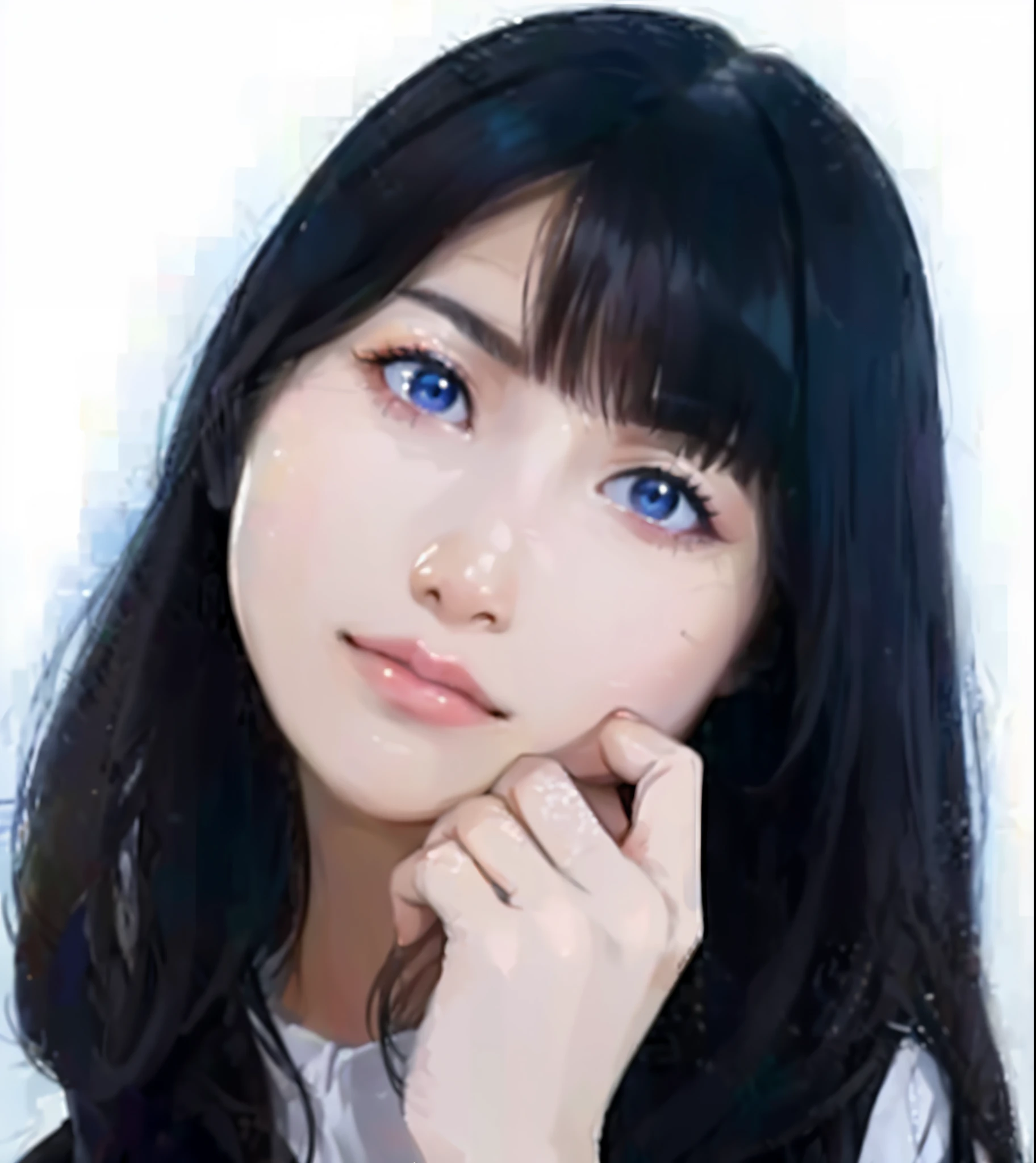 arafed asian woman with long black hair and blue eyes, sui ishida with black hair, with cute - fine - face, kimi takemura, beautiful japanese girls face, shiori teshirogi, of a youthful japanese girl, yasumoto oka, chiho, girl cute-fine-face, she has black hair with bangs