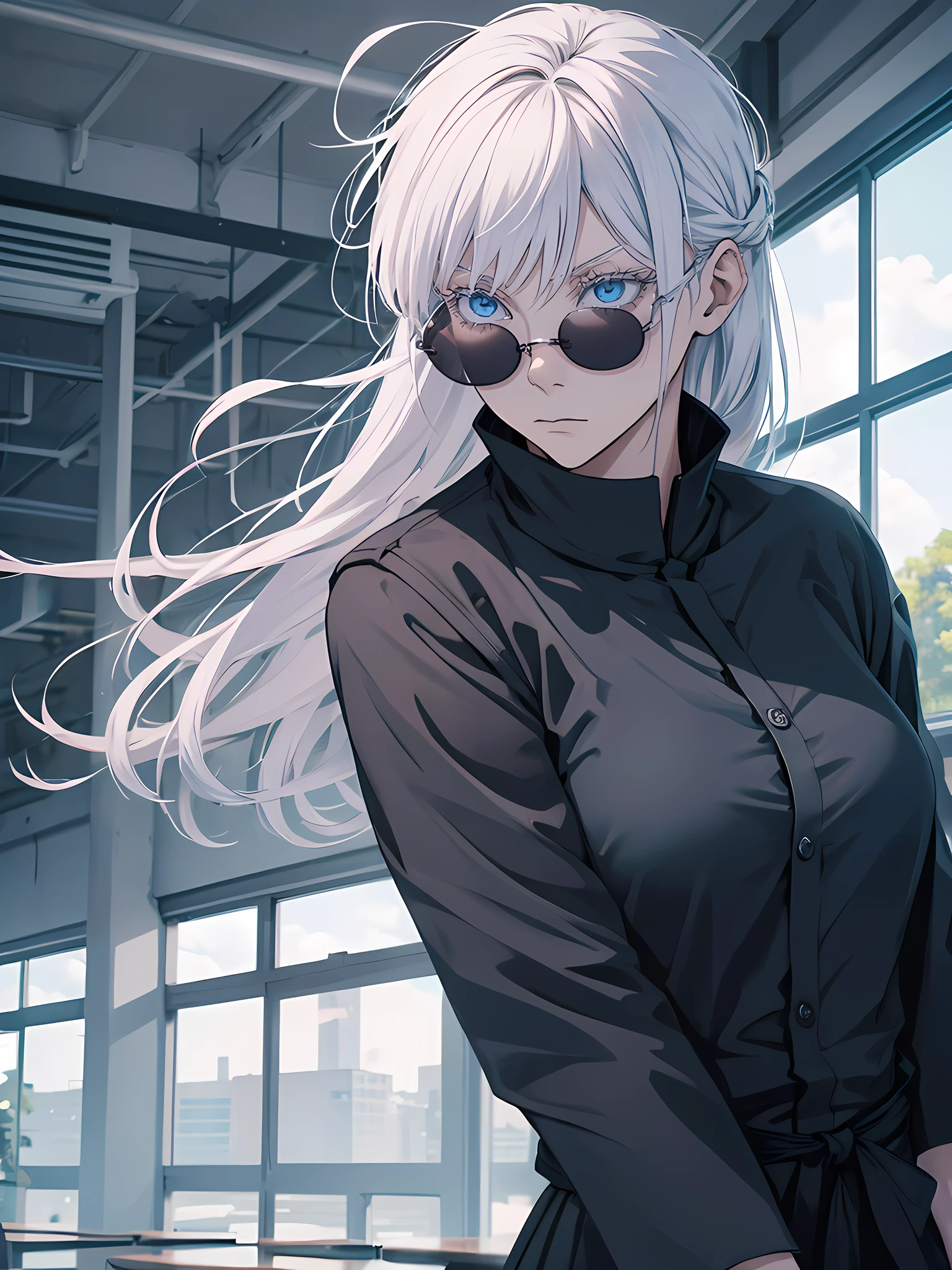 Woman, famale version, female, jujutsu kaisen, solo, alone, white hair, bangs, long hair, white eyebrows, white eyelashes, light blue eyes, wearing round sunglasses, wearing black shirt, black sleeves, black clothing, in classroom, school, high quality, 4k resolution, anime