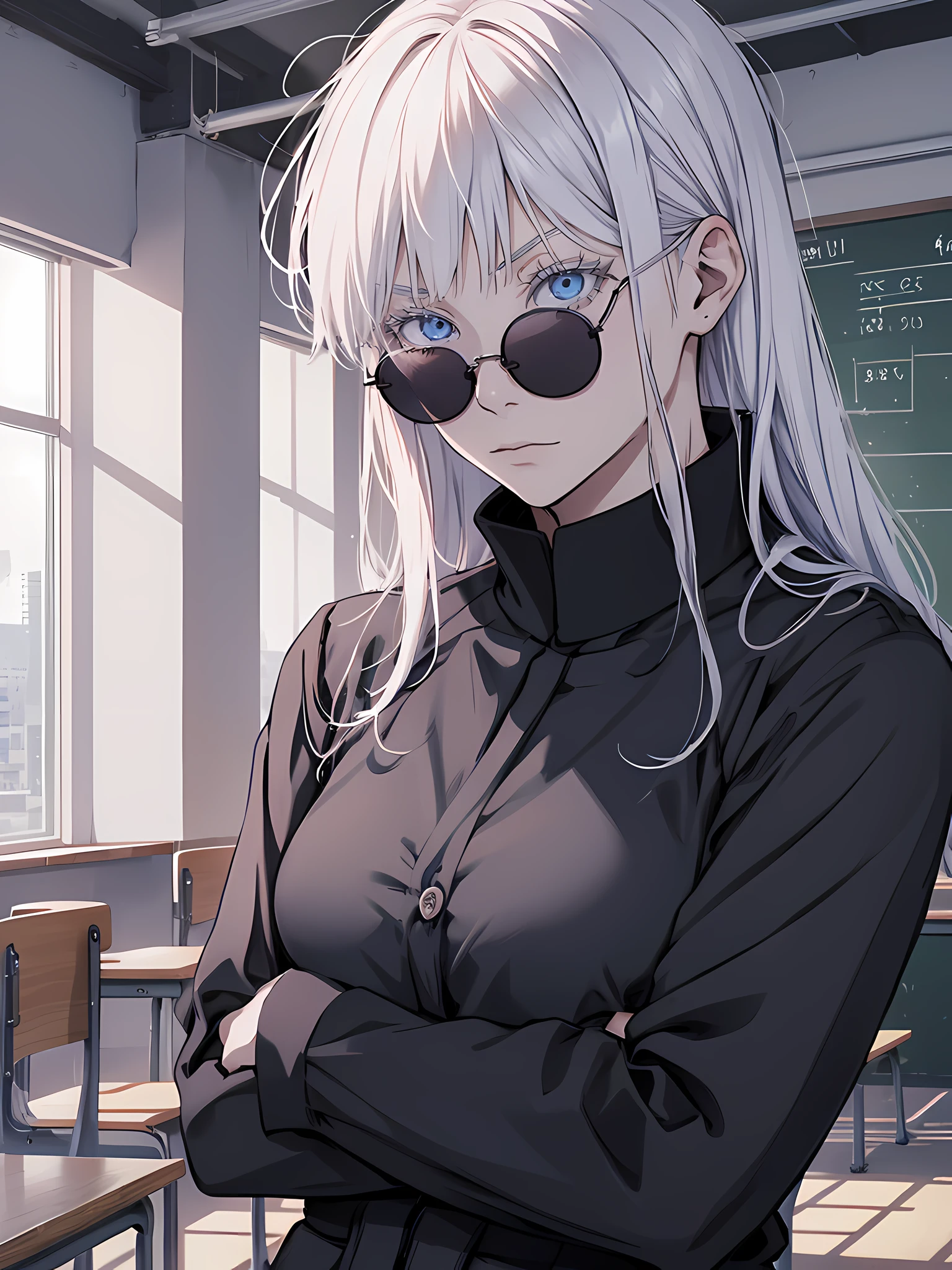 Woman, famale version, female, jujutsu kaisen, solo, alone, white hair, bangs, long hair, white eyebrows, white eyelashes, light blue eyes, wearing round sunglasses, wearing black shirt, black sleeves, black clothing, in classroom, school, high quality, 4k resolution, anime