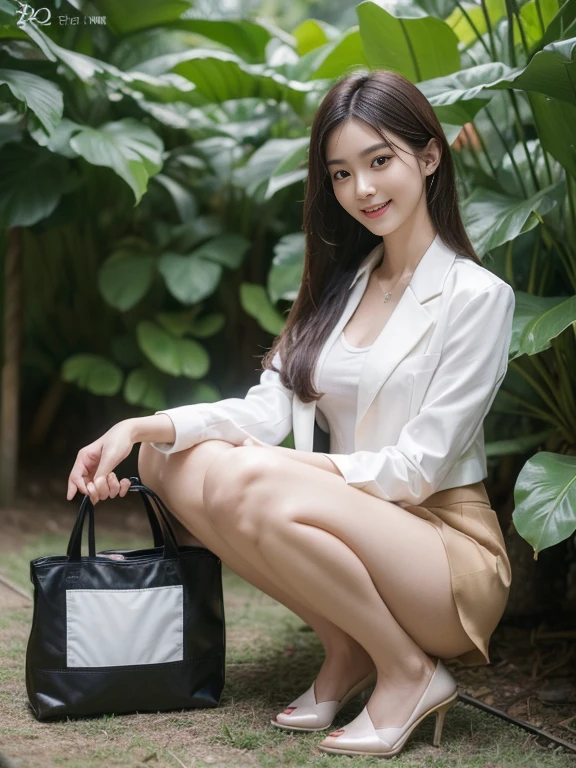 ((top-quality、in 8K、masterpiece:1.3、Raw photo))、Super high quality photos, In the tropical jungle, ((Wearing business suit jacket and skirt)), ((Wear a white blouse shirt under the jacket)), ((Perfect beauty 20 year old idol Japan woman)), ((a smile)), ((nipples sticking out under the shirt,)), ((slim figure)), ((Slim legs)), ((slim thigh)), ((Perfect beauty 20 year old idol Japan woman)), (Photorealistic: 1.4), (Ultra-high detail), (hyper realisitic: 1.4), (Realistic: 1.3), (Smooth lighting: 1.05), Full body, 1girl in, Solo, (Japanese actressl), 20yr old, cinematlic lighting, ((slim figure)), ((Leaner figure)), Good anatomy, Correct anatomy, In the tropical jungle, ((Perfect beauty 20 year old idol Japan woman)), ((slim figure)), ((Slim legs)), ((slim thigh)), ,((Perfect beauty)), ((He has a small camping bag in one hand.)), ((squatting)), ((Panties are visible through the skirt)), ((a smile)), ((camel's toe)),