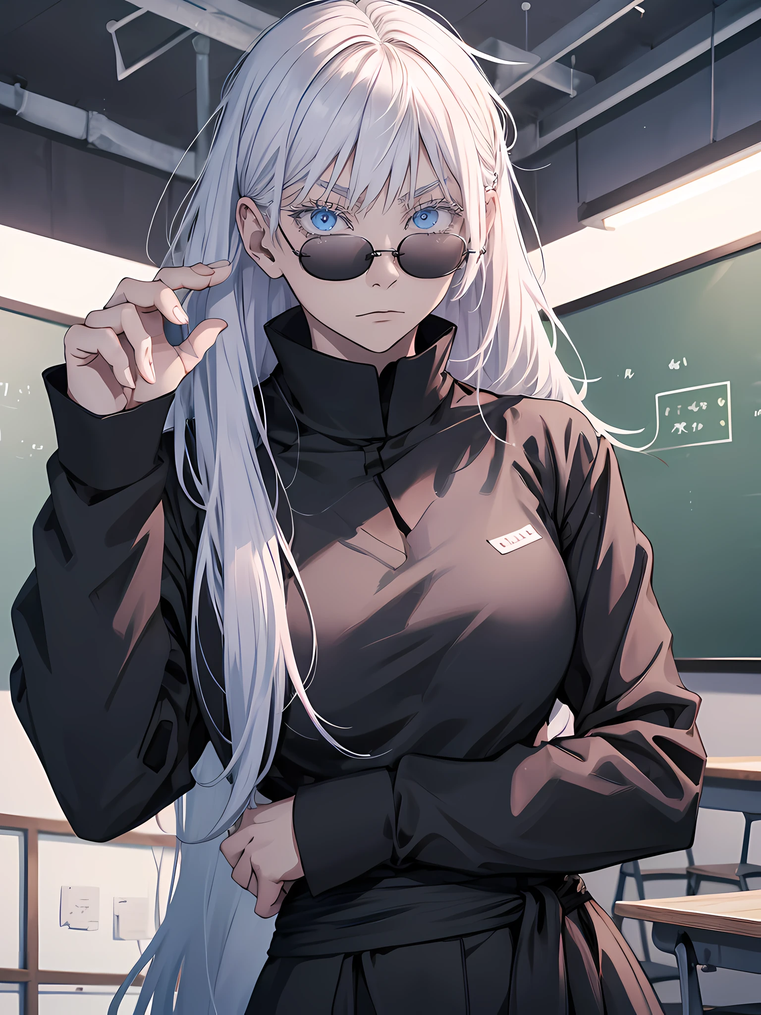 Woman, famale version, female, jujutsu kaisen, solo, alone, white hair, bangs, long hair, white eyebrows, white eyelashes, light blue eyes, wearing round sunglasses, wearing black shirt, black sleeves, black clothing, in classroom, school, high quality, 4k resolution, anime