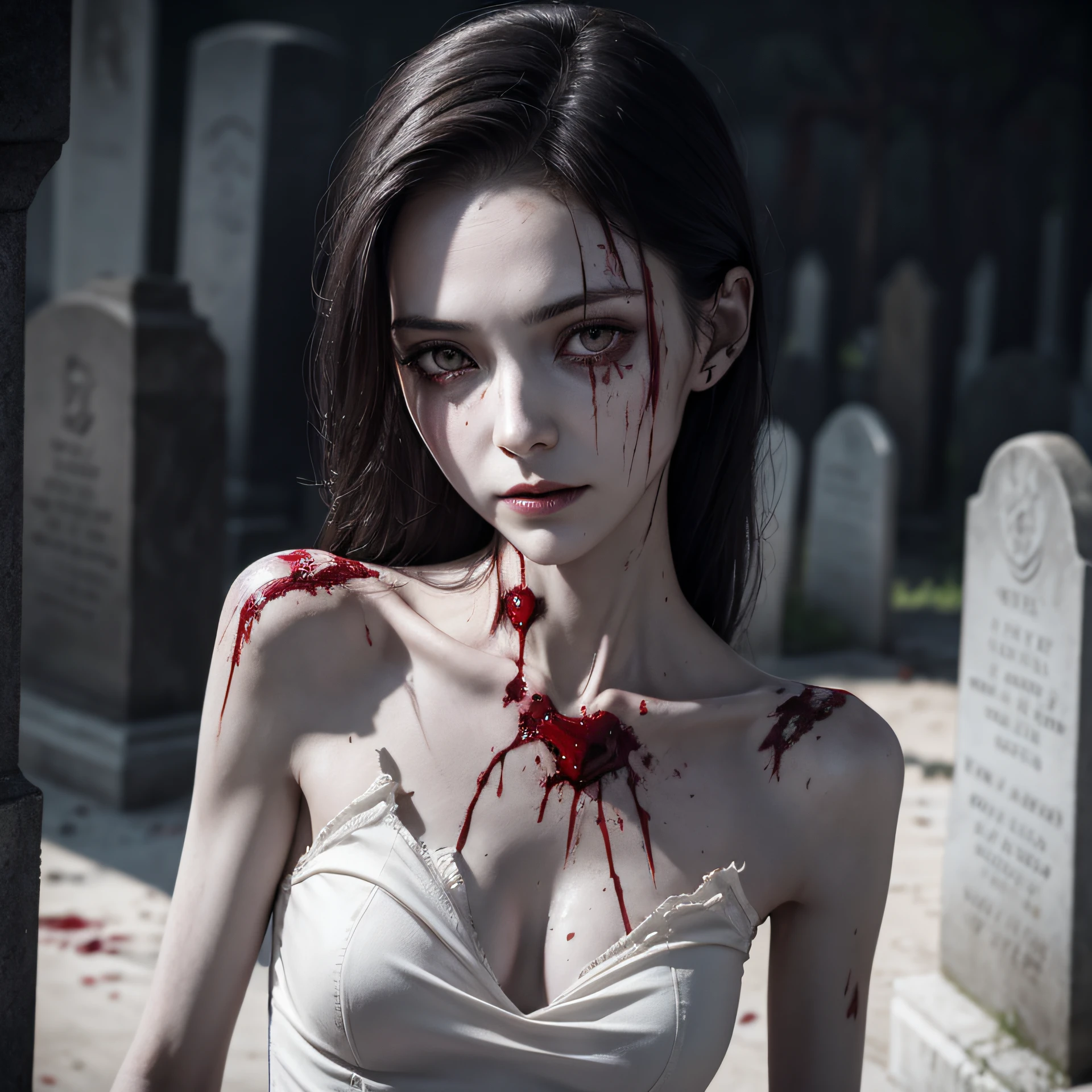 corpse, sinister, female, thin, pale, looking at the camera, ultra realistic, fully detailed, cemetery environment, bright eyes, white dress torn and stained with blood, bones exposed, putrid wounds, sensual, terrifying, bruised by the body, exposed fracture in the collarbone, slight smile, super detailed