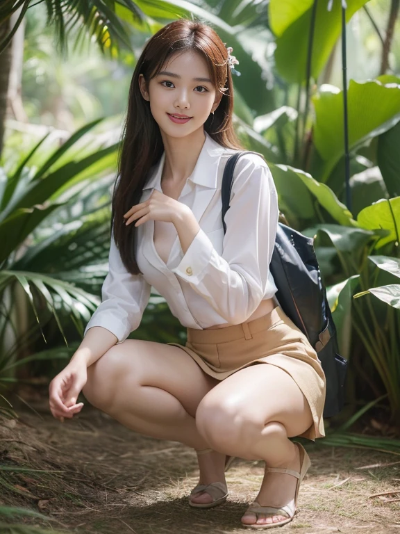 ((top-quality、in 8K、masterpiece:1.3、Raw photo))、Super high quality photos, In the tropical jungle, ((Wearing business suit jacket and skirt)), ((Wear a white blouse shirt under the jacket)), ((Perfect beauty 20 year old idol Japan woman)), ((a smile)), ((nipples sticking out under the shirt,)), ((slim figure)), ((Slim legs)), ((slim thigh)), ((Perfect beauty 20 year old idol Japan woman)), (Photorealistic: 1.4), (Ultra-high detail), (hyper realisitic: 1.4), (Realistic: 1.3), (Smooth lighting: 1.05), Full body, 1girl in, Solo, (Japanese actressl), 20yr old, cinematlic lighting, ((slim figure)), ((Leaner figure)), Good anatomy, Correct anatomy, In the tropical jungle, ((Perfect beauty 20 year old idol Japan woman)), ((slim figure)), ((Slim legs)), ((slim thigh)), ,((Perfect beauty)), ((He has a small camping bag in one hand.)), ((squatting)), ((Panties are visible through the skirt)), ((a smile)), ((camel's toe)),