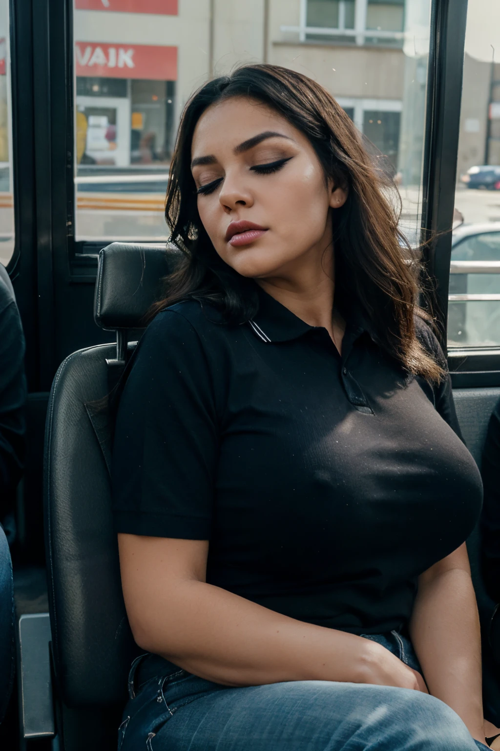 1 beautiful woman, 50-year-old lady, sleeping with her mouth open, eyes closed, black hair, sleeping sitting on the bus, jeans, black polo shirt, big breasts, outlined eyes, drooling, snoring, passed out, black bag, head on the bus window, sitting by the window, ((VERY INTENSE MAKEUP)), voluptuous woman