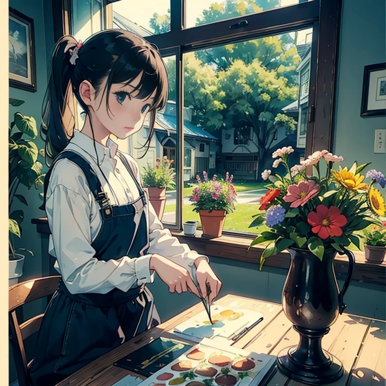 (Watercolor in Sargent style)、(top-quality、masterpiece)、超A high resolution、high-detail、(David Hamilton Style)、(softfocus)、Cinema Angle、ciinematic light、Soft light、1girl in、、Woman with dark hair、poneyTail、pinafore、a plant、Flowers on the windowsill、Botanical Garden、Flower Shop、The table、florals、houseplant、