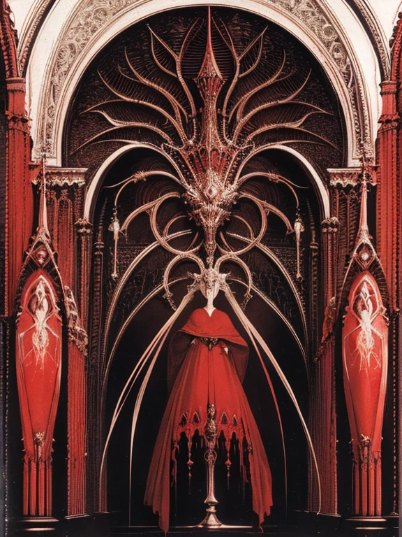 pale young divine gothic priestess, twintails, pure white skin, rust decay, Beautiful full body symmetrical portrait, Delicate blonde hairstyle, crimson eyes, dark red elegant gothic armor, encrusted with red gems, dark cathedral, masterpiece, Highest image quality, super detailing, upscaled, art by Zdzislaw Beksinski, art by H.R. Giger, absurdres, highres, (official art, beautiful and aesthetic:1.2), real, 4k, 8k,