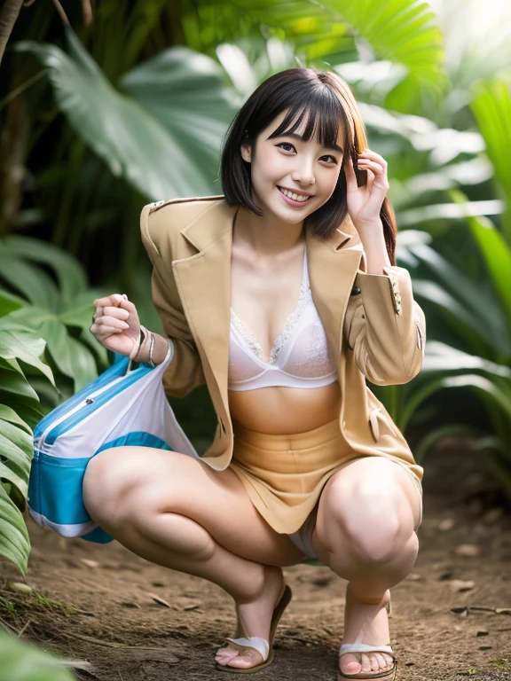 ((top-quality、in 8K、masterpiece:1.3、Raw photo))、Super high quality photos, In the tropical jungle, ((Wearing business suit jacket and skirt)), ((Wear a white blouse shirt under the jacket)), ((Perfect beauty 20 year old idol Japan woman)), ((a smile)), ((nipples sticking out under the shirt,)), ((slim figure)), ((Slim legs)), ((slim thigh)), ((Perfect beauty 20 year old idol Japan woman)), (Photorealistic: 1.4), (Ultra-high detail), (hyper realisitic: 1.4), (Realistic: 1.3), (Smooth lighting: 1.05), Full body, 1girl in, Solo, (Japanese actressl), 20yr old, cinematlic lighting, ((slim figure)), ((Leaner figure)), Good anatomy, Correct anatomy, In the tropical jungle, ((Perfect beauty 20 year old idol Japan woman)), ((slim figure)), ((Slim legs)), ((slim thigh)), ,((Perfect beauty)), ((He has a small camping bag in one hand.)), ((squatting)), ((Panties are visible through the skirt)), ((a smile)), ((camel's toe)),