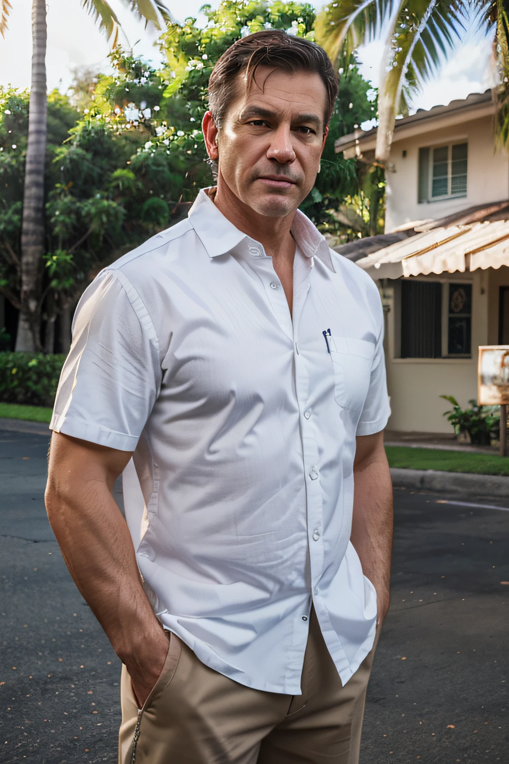 A middle-aged, Muscular caucasian american man wearing white short sleeve stand collar button up shirt,Hawaii,Everyday neighborhood background,High quality detailing,fully body photo,The clothes are flat and wrinkled,half-body photo,Casual wear,Frontal photo