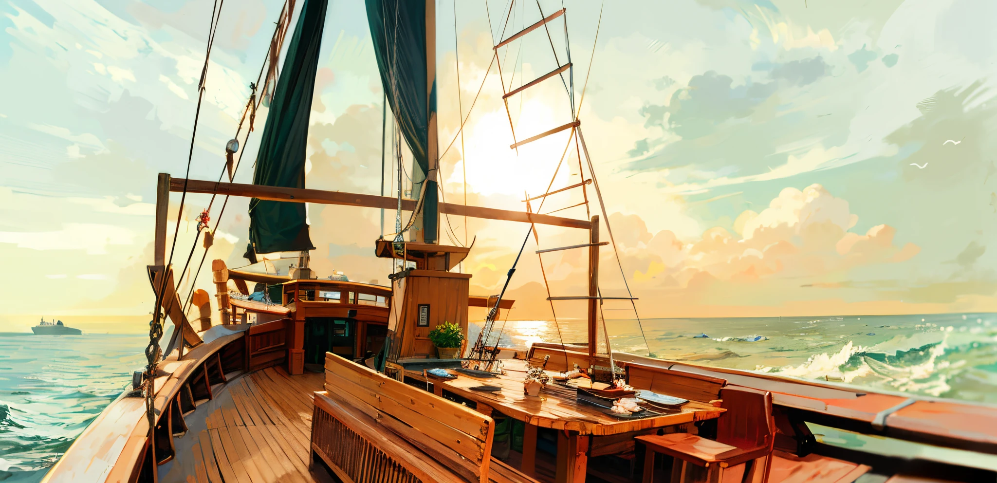 Pirate ship, local, details, day, clear, noon, ((sunny)), noon, bow details, ship,watercraft, ocean, ship, cloud, ((blue sky)), boat, scenery, outdoors, bird, water, horizon, no humans, waves, sun