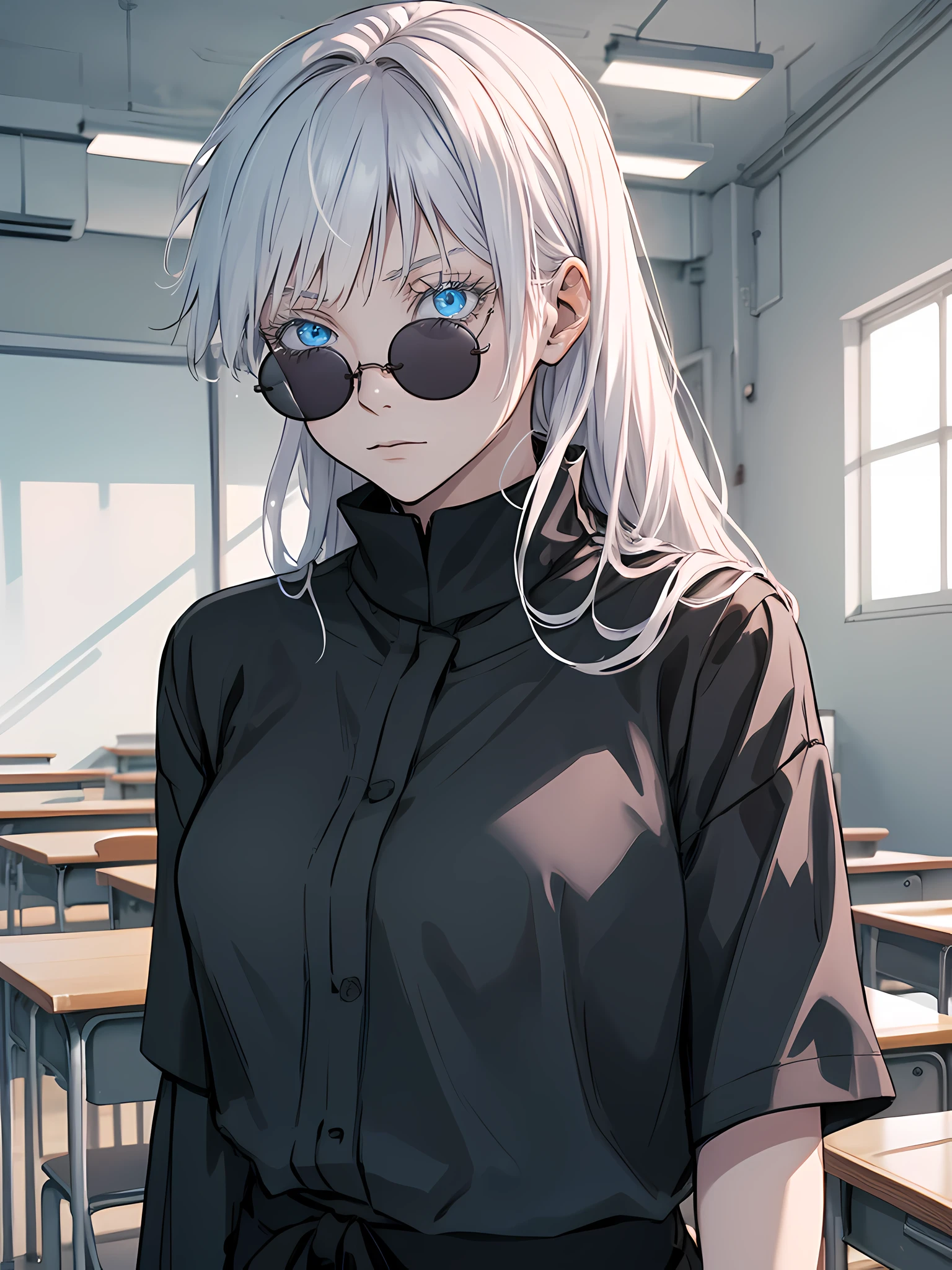 Woman, famale version, female, jujutsu kaisen, solo, alone, white hair, bangs, long hair, white eyebrows, white eyelashes, light blue eyes, wearing round sunglasses, wearing black shirt, black sleeves, black clothing, in classroom, school, high quality, 4k resolution, anime